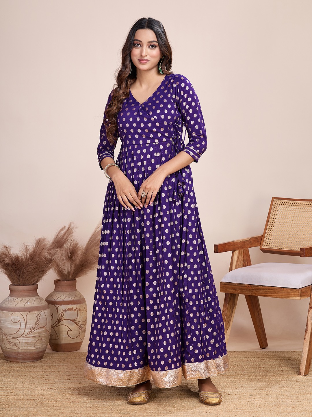 Tasarika Women Ethnic Viscose Violet V-Neck 3/4th Sleeve Full Length ethnic dress 2022_Violet