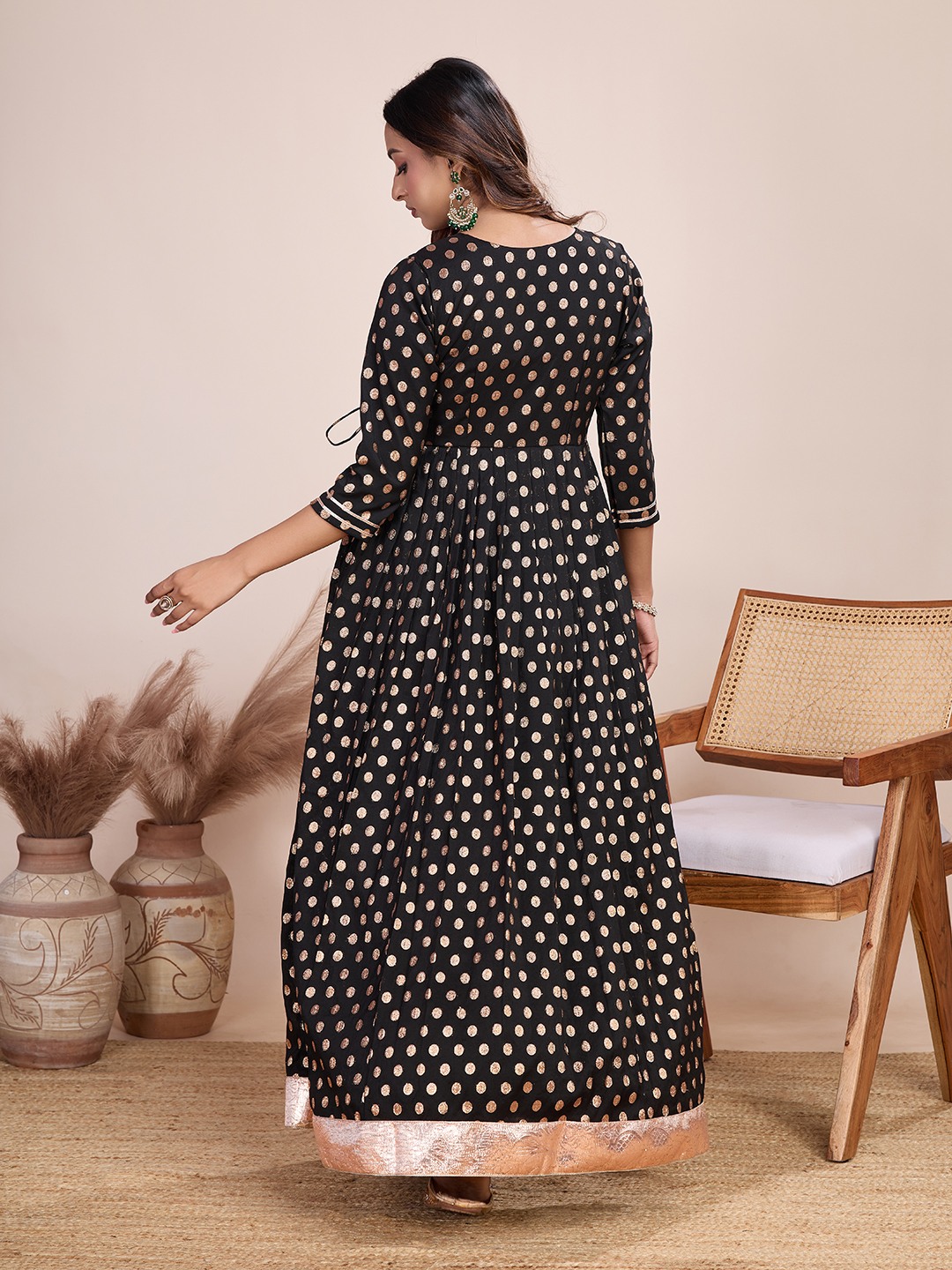 Tasarika Women Ethnic Viscose Black V-Neck 3/4th Sleeve Full Length ethnic dress 2026_Black