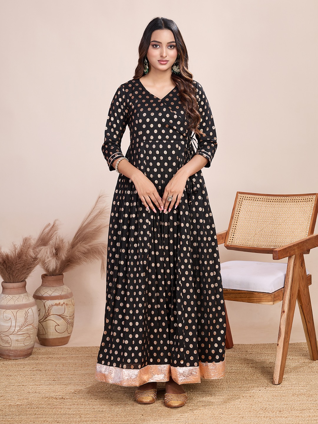 Tasarika Women Ethnic Viscose Black V-Neck 3/4th Sleeve Full Length ethnic dress 2026_Black
