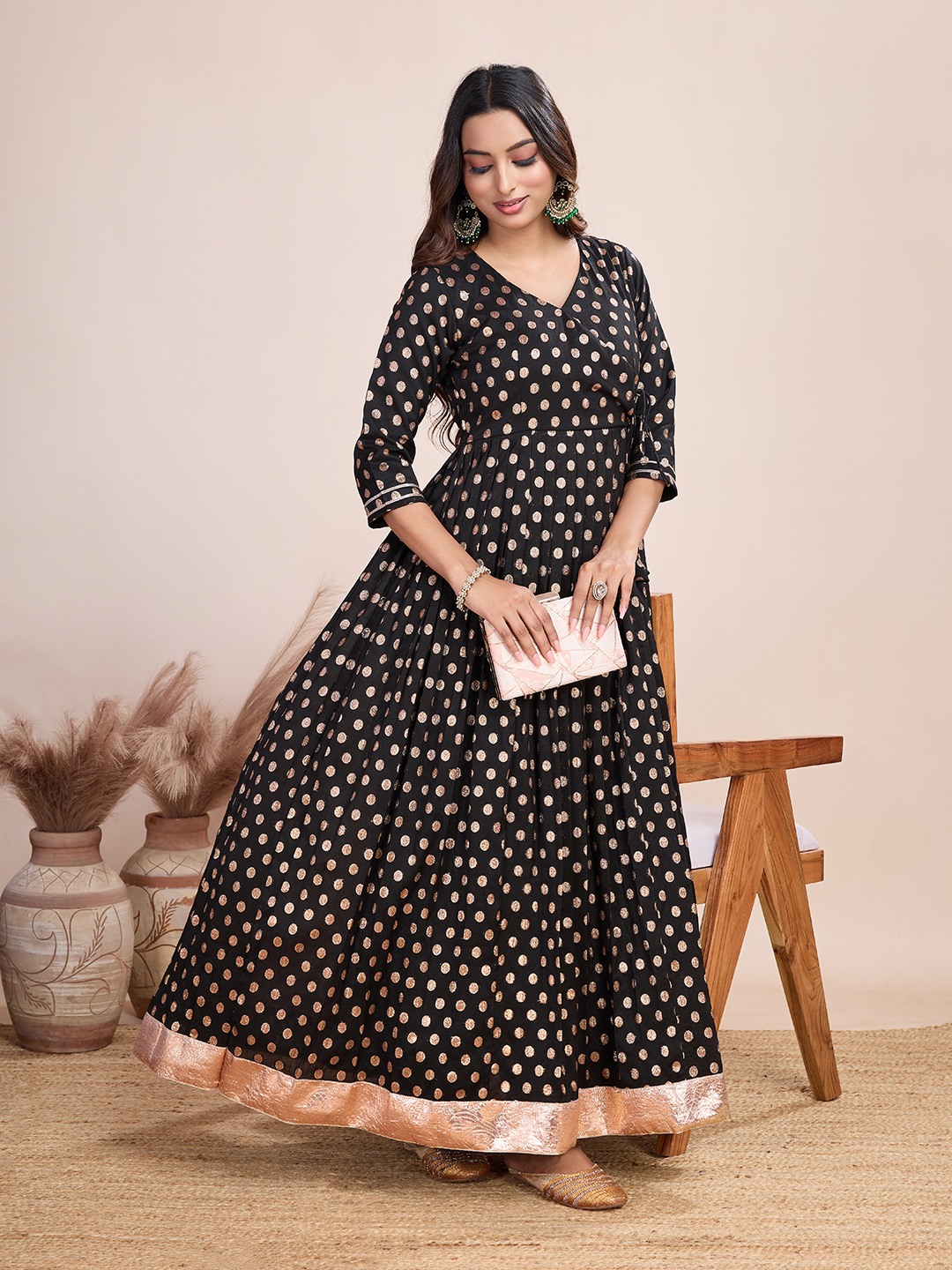 Tasarika Women Ethnic Viscose Black V-Neck 3/4th Sleeve Full Length ethnic dress 2026_Black