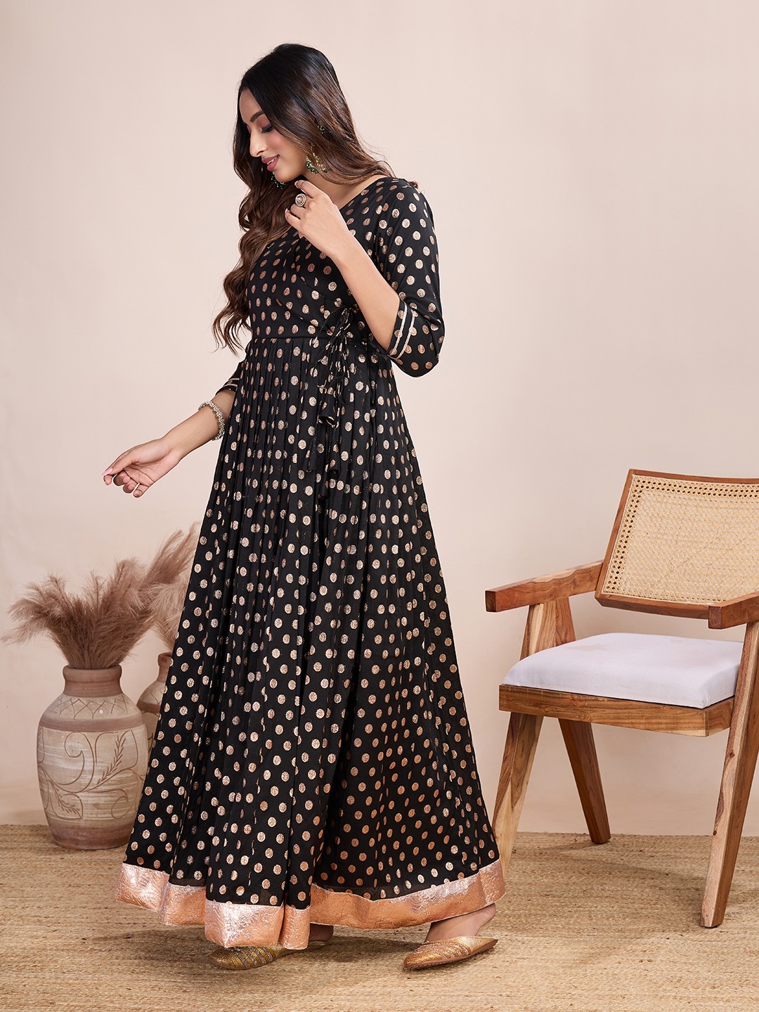 Tasarika Women Ethnic Viscose Black V-Neck 3/4th Sleeve Full Length ethnic dress 2026_Black
