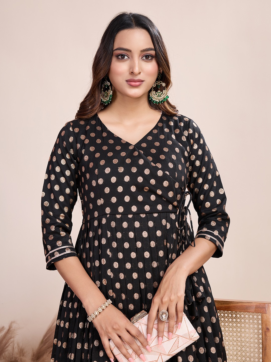 Tasarika Women Ethnic Viscose Black V-Neck 3/4th Sleeve Full Length ethnic dress 2026_Black