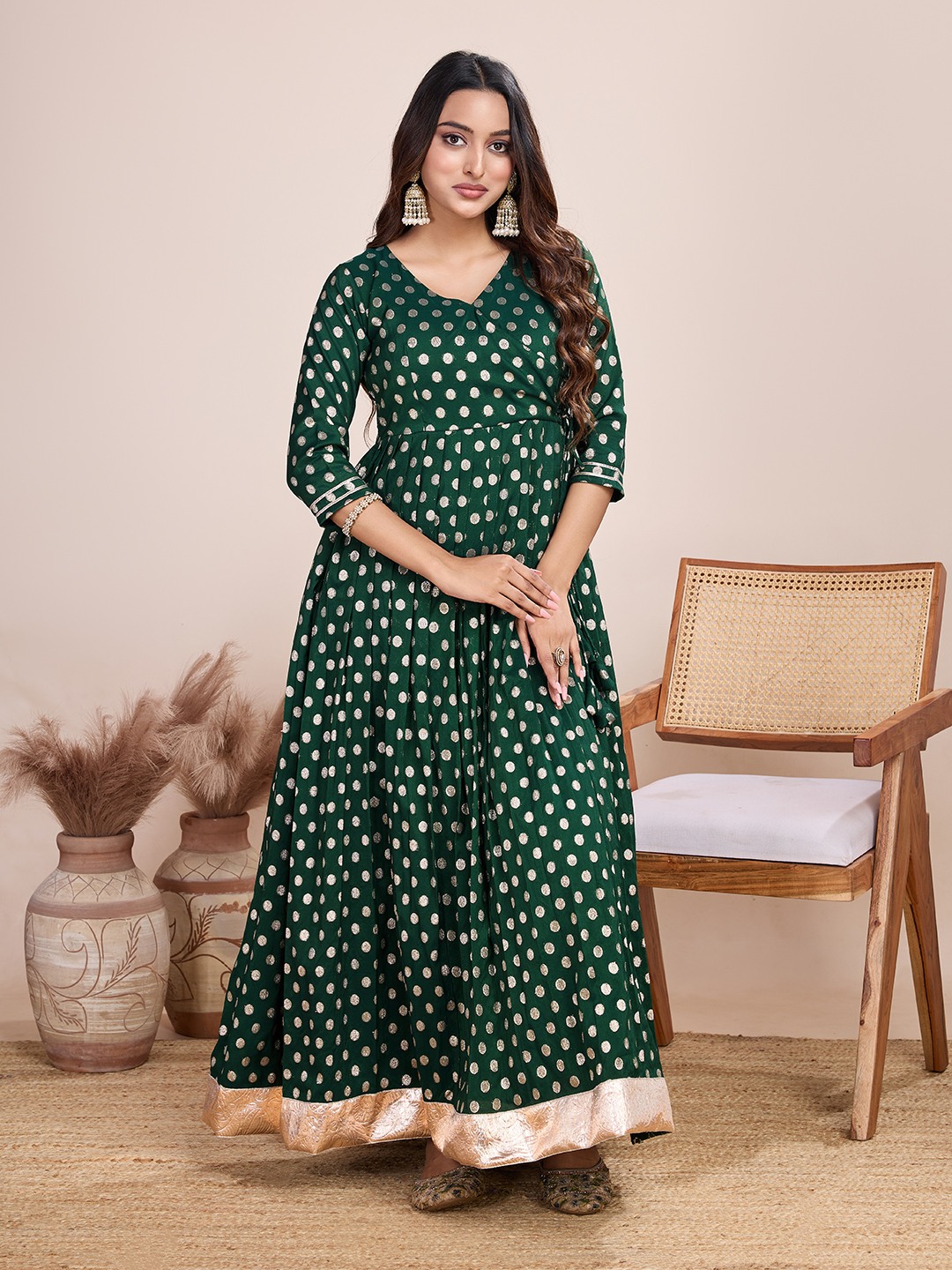 Tasarika Women Ethnic Viscose Green V-Neck 3/4th Sleeve Full Length ethnic dress 2029_Green