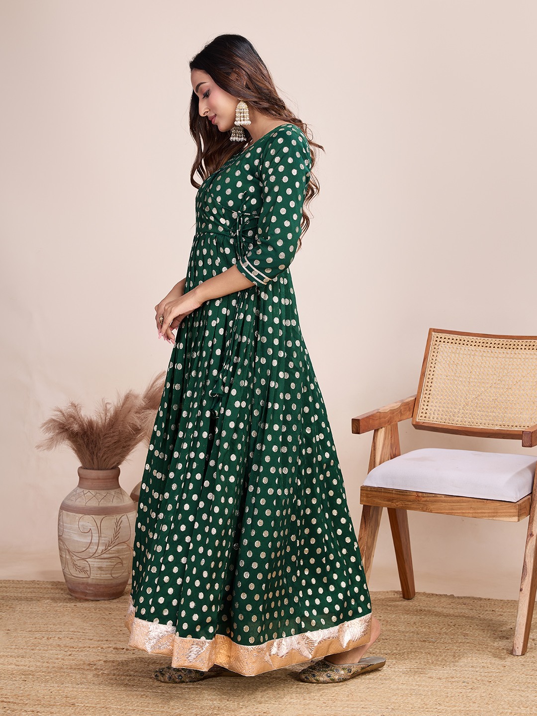 Tasarika Women Ethnic Viscose Green V-Neck 3/4th Sleeve Full Length ethnic dress 2029_Green