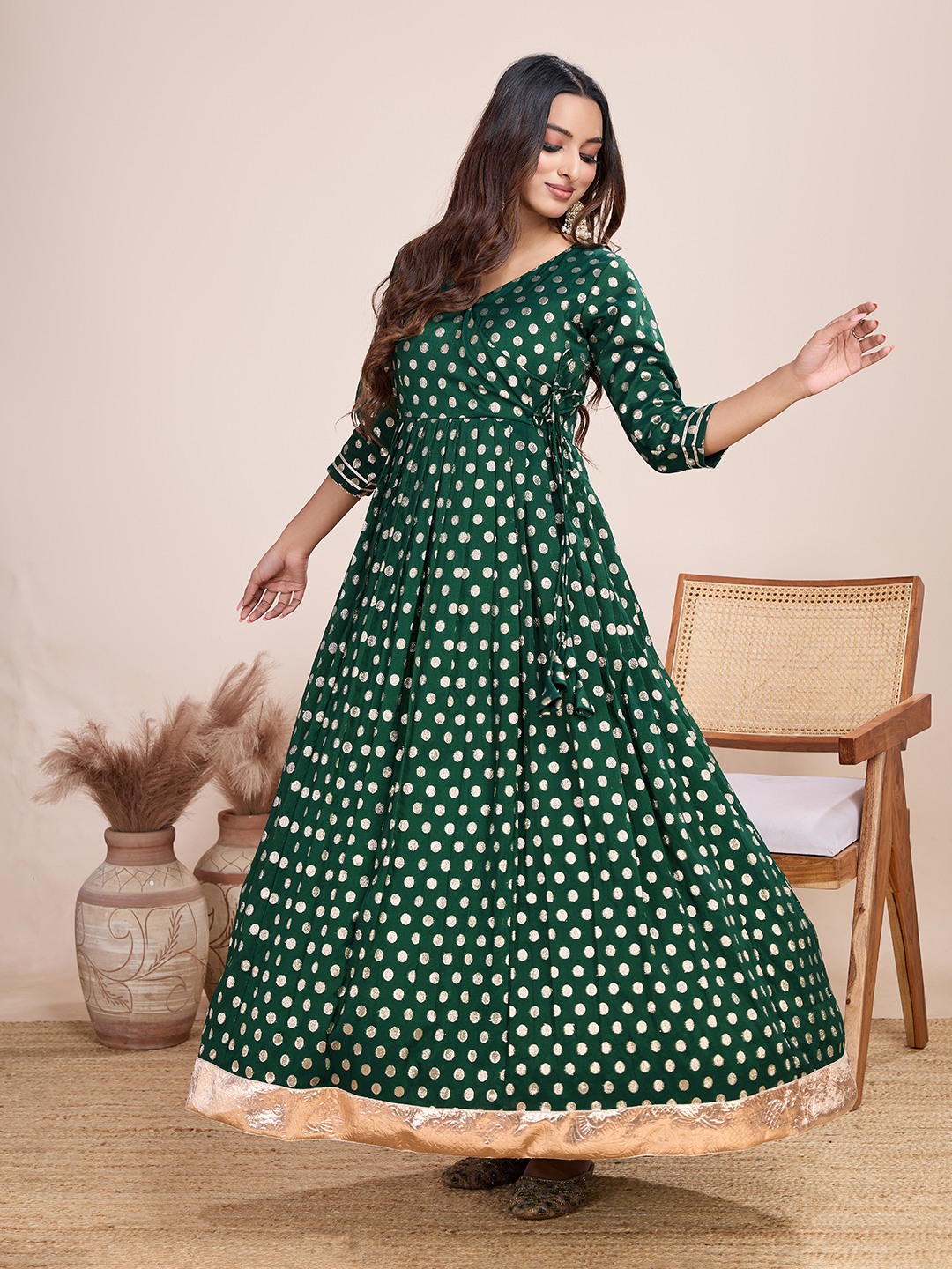 Tasarika Women Ethnic Viscose Green V-Neck 3/4th Sleeve Full Length ethnic dress 2029_Green