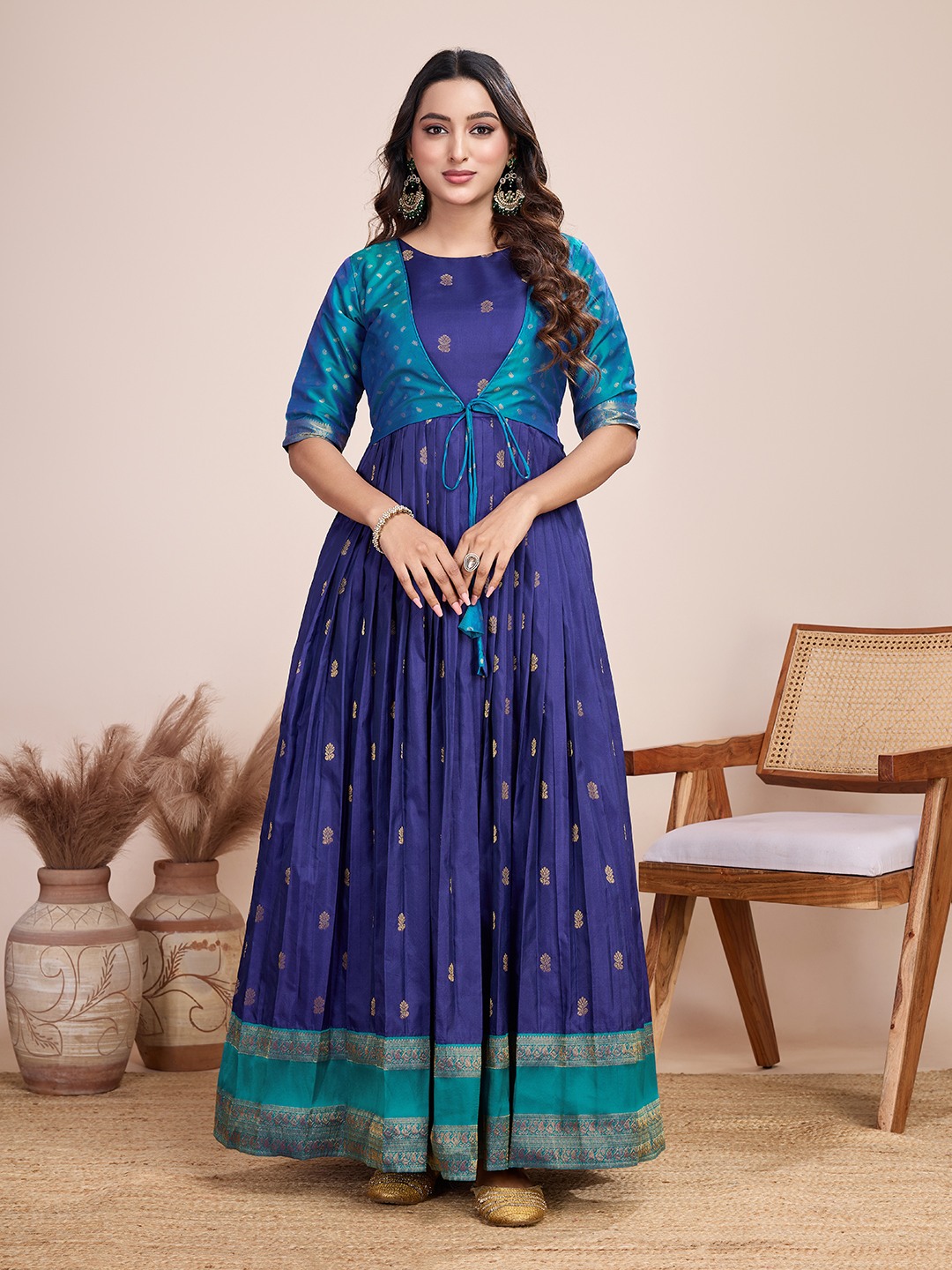 Tasarika Women Ethnic jacquard Violet Round Neck Half Sleeve Full Length ethnic dress 2030_Violet