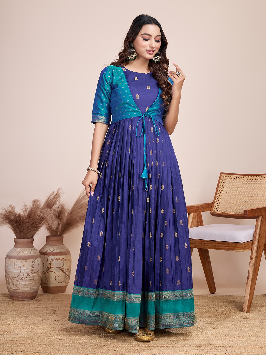 Tasarika Women Ethnic jacquard Violet Round Neck Half Sleeve Full Length ethnic dress 2030_Violet