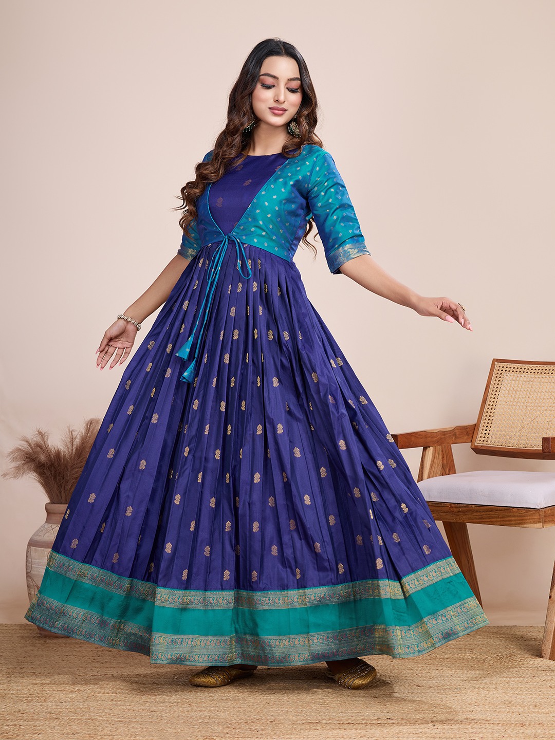 Tasarika Women Ethnic jacquard Violet Round Neck Half Sleeve Full Length ethnic dress 2030_Violet