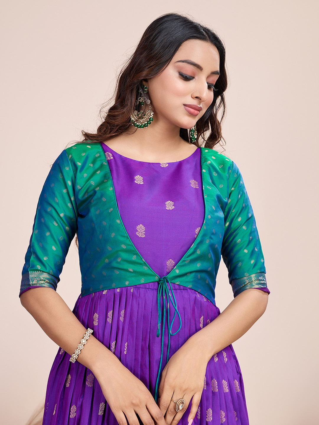 Tasarika Women Ethnic jacquard Purple Round Neck Half Sleeve Full Length ethnic dress 2031_Purple