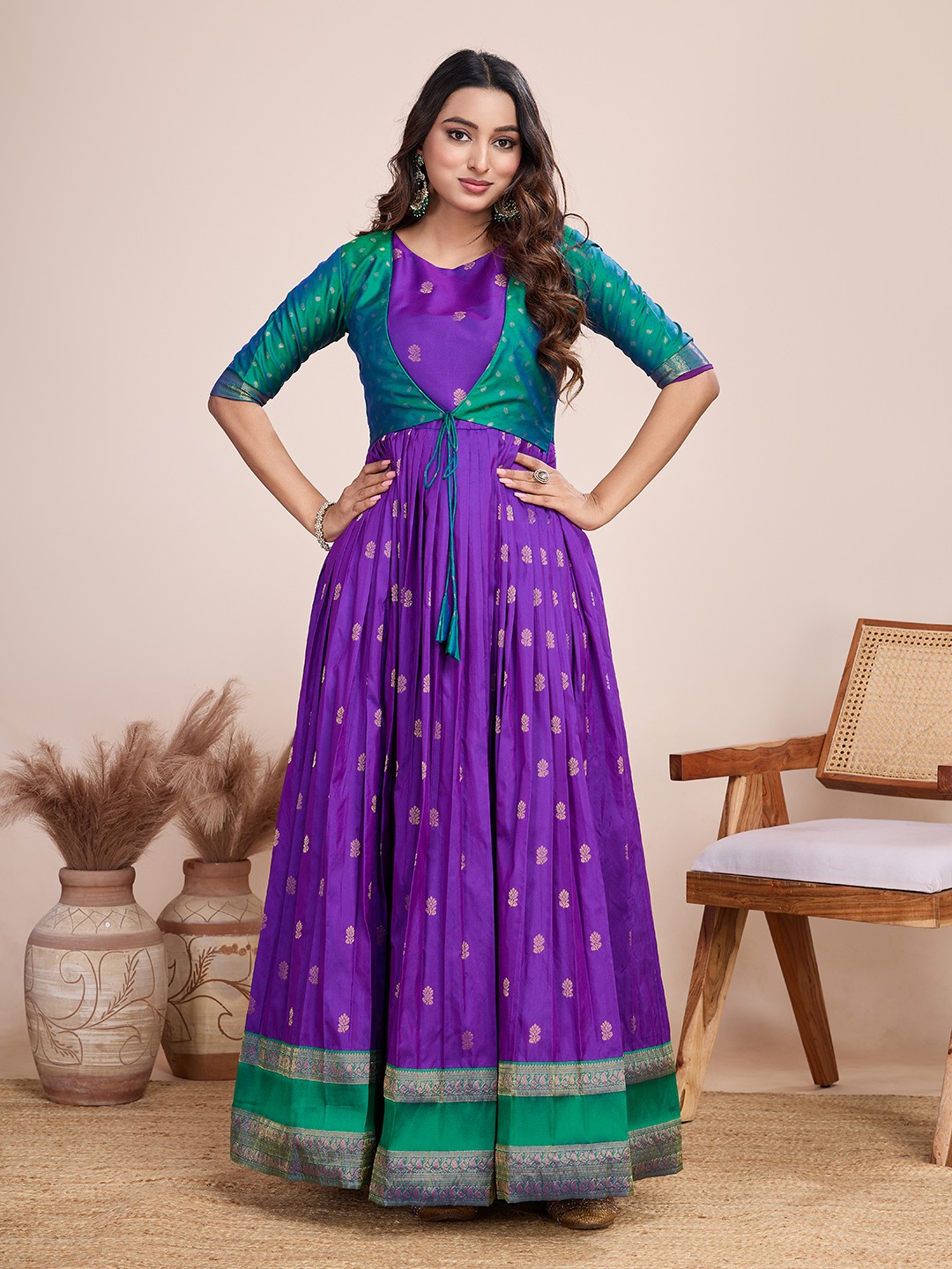 Tasarika Women Ethnic jacquard Purple Round Neck Half Sleeve Full Length ethnic dress 2031_Purple
