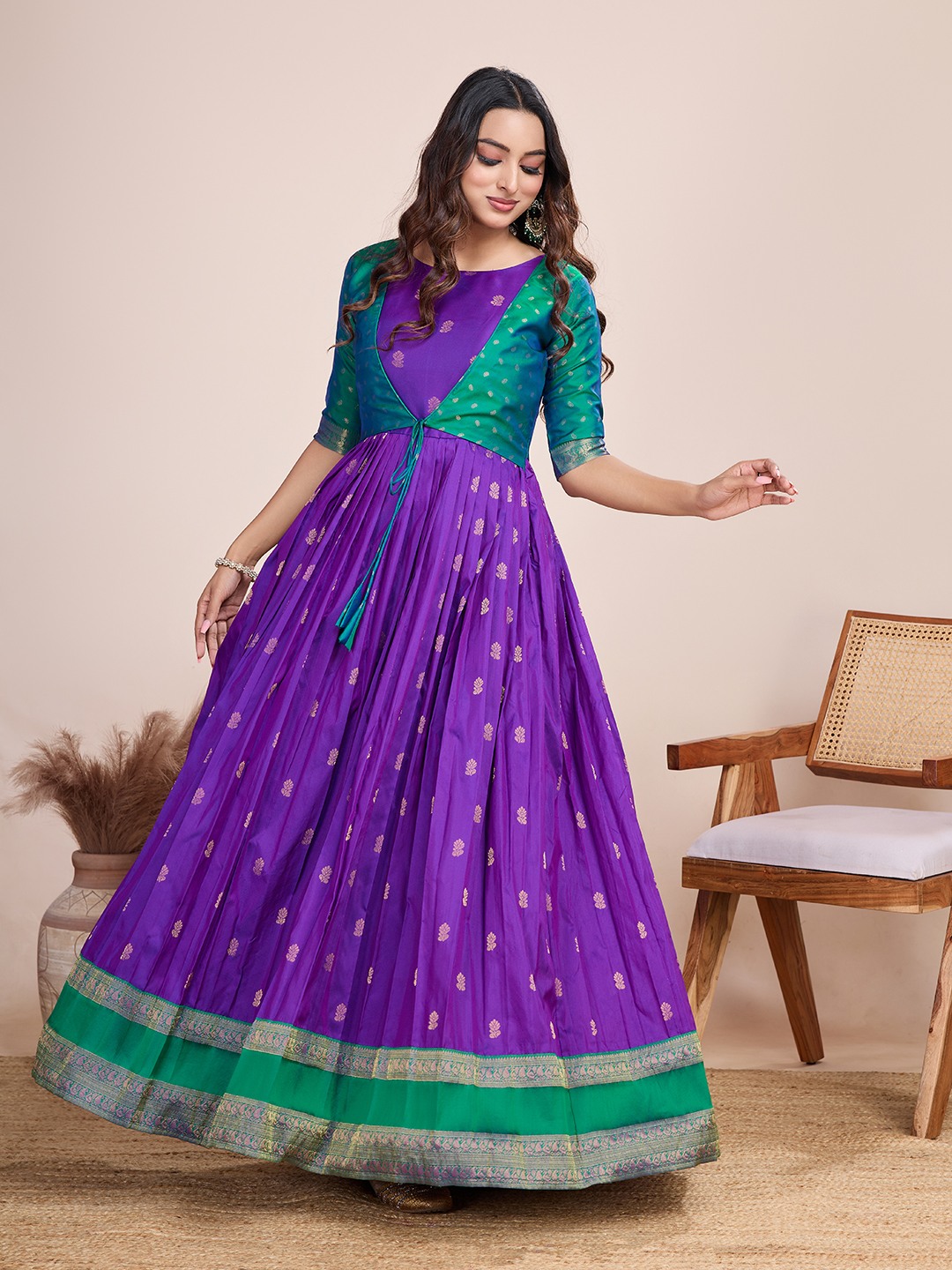 Tasarika Women Ethnic jacquard Purple Round Neck Half Sleeve Full Length ethnic dress 2031_Purple