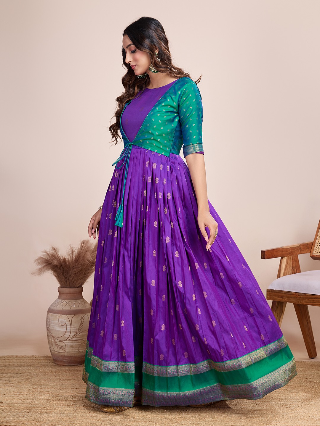 Tasarika Women Ethnic jacquard Purple Round Neck Half Sleeve Full Length ethnic dress 2031_Purple