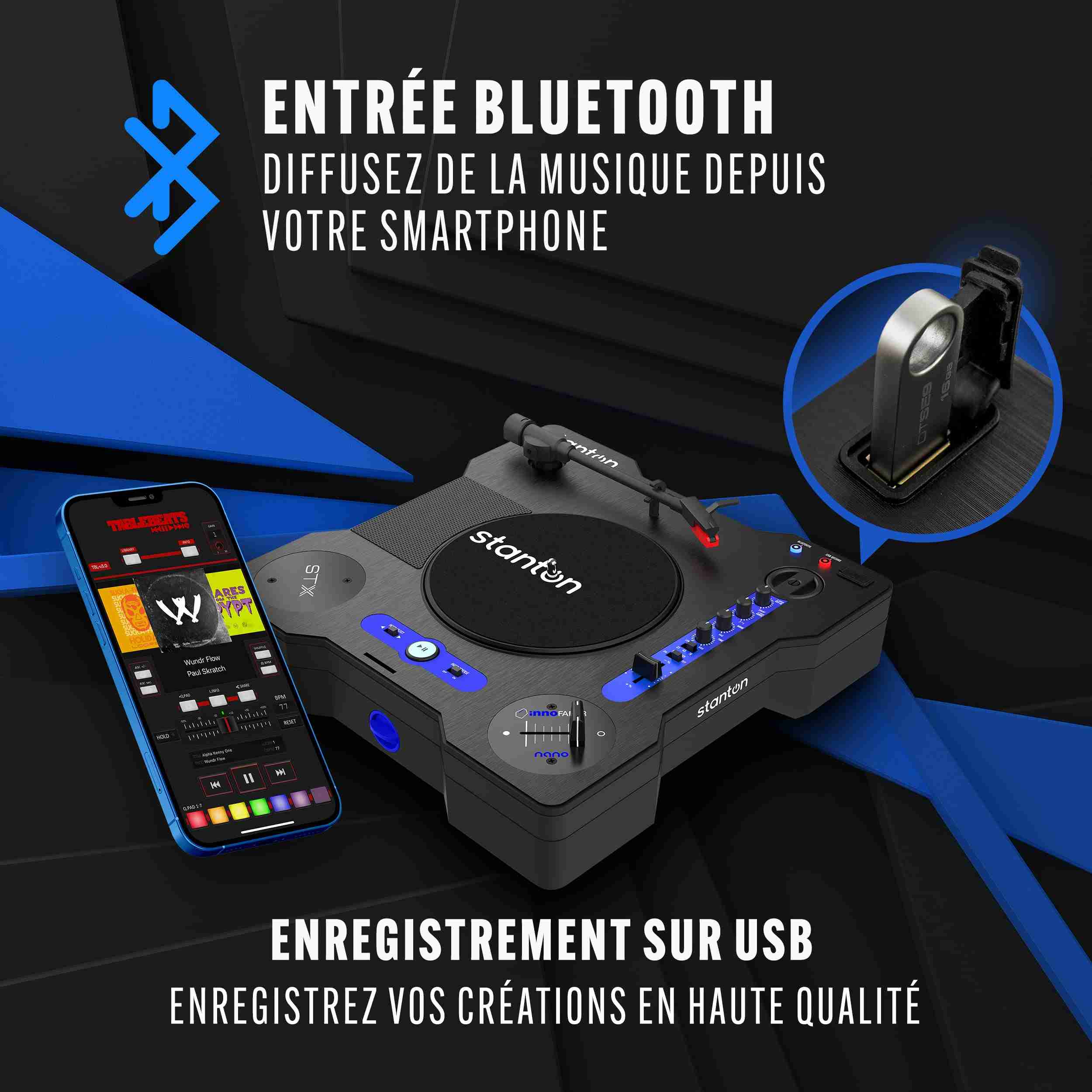 طاولة دوارة محمولة Stanton STX للسكراتش مزودة بتقنية Bluetooth وInnofader Nano 6