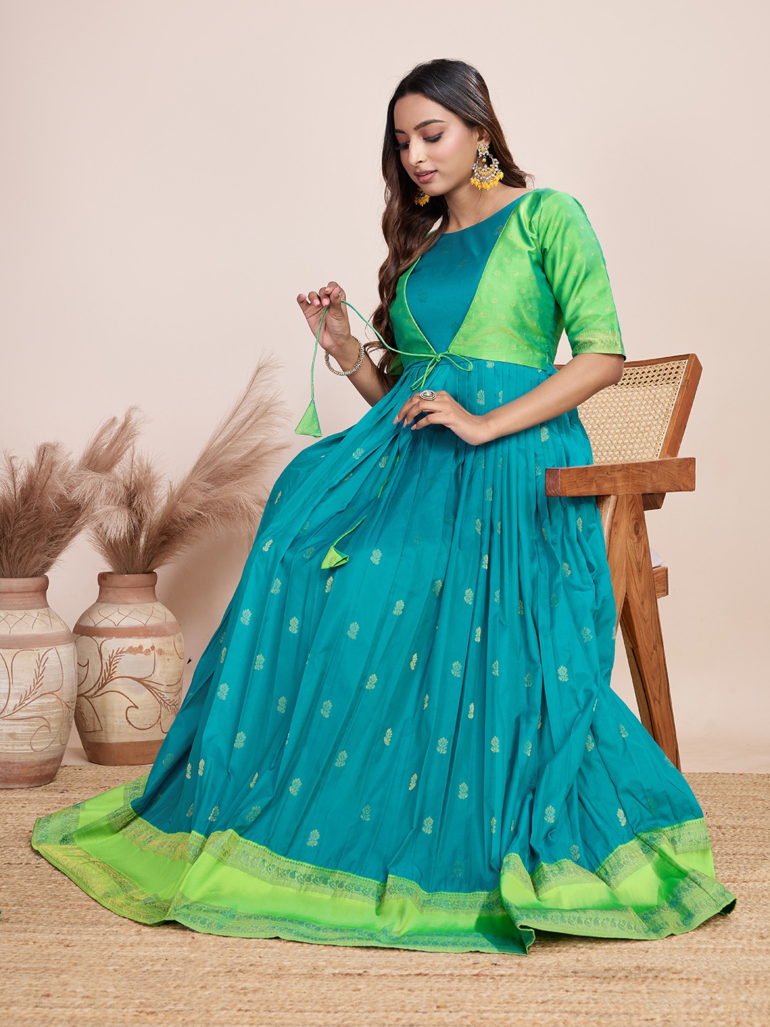 Tasarika Women Ethnic jacquard Rama Round Neck Half Sleeve Full Length ethnic dress 2035_Rama