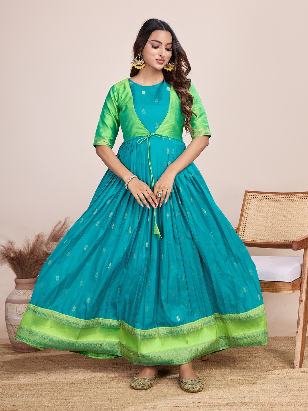 Tasarika Women Ethnic jacquard Rama Round Neck Half Sleeve Full Length ethnic dress 2035_Rama