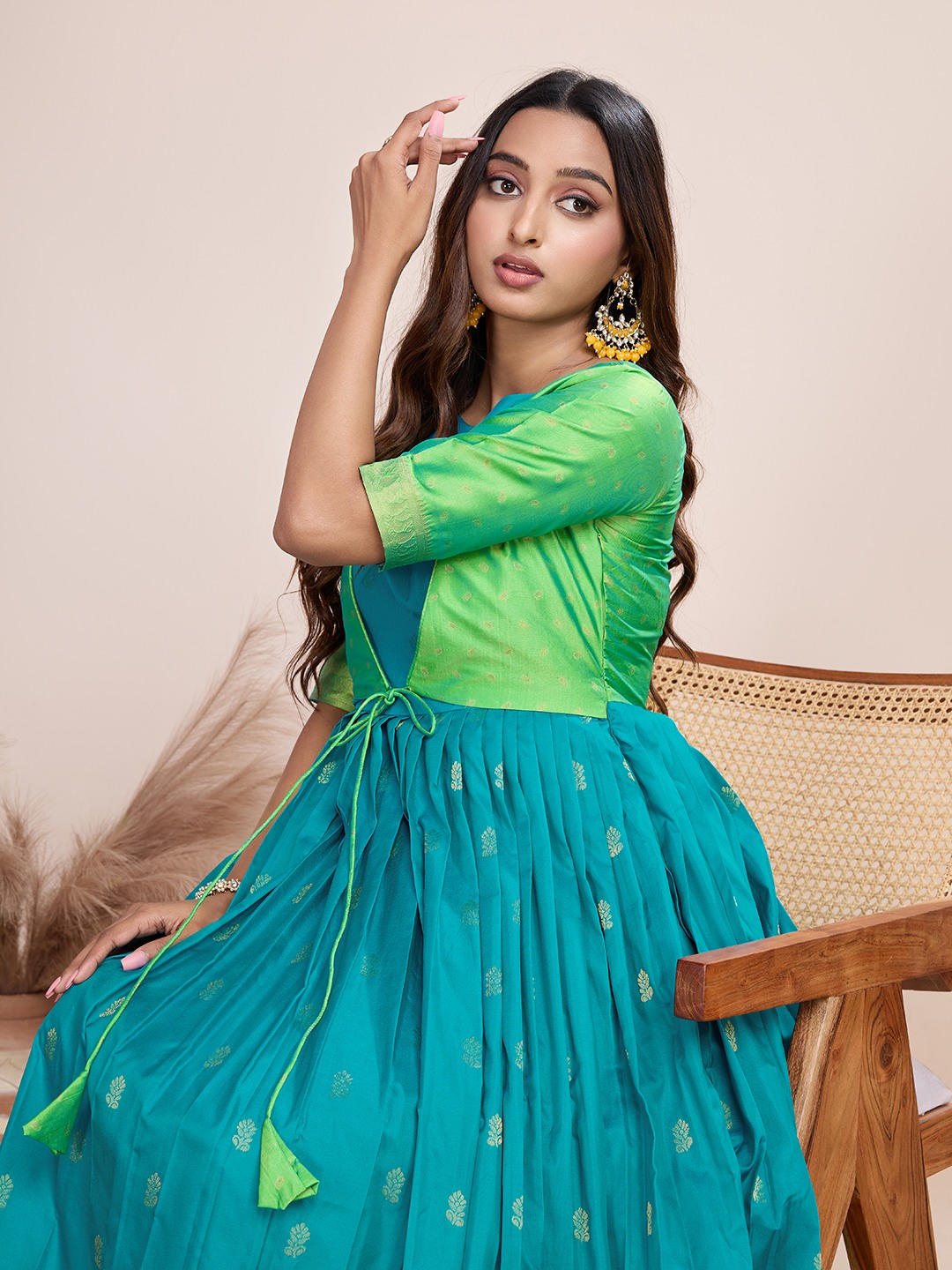 Tasarika Women Ethnic jacquard Rama Round Neck Half Sleeve Full Length ethnic dress 2035_Rama