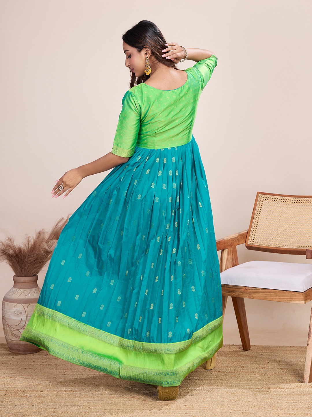 Tasarika Women Ethnic jacquard Rama Round Neck Half Sleeve Full Length ethnic dress 2035_Rama