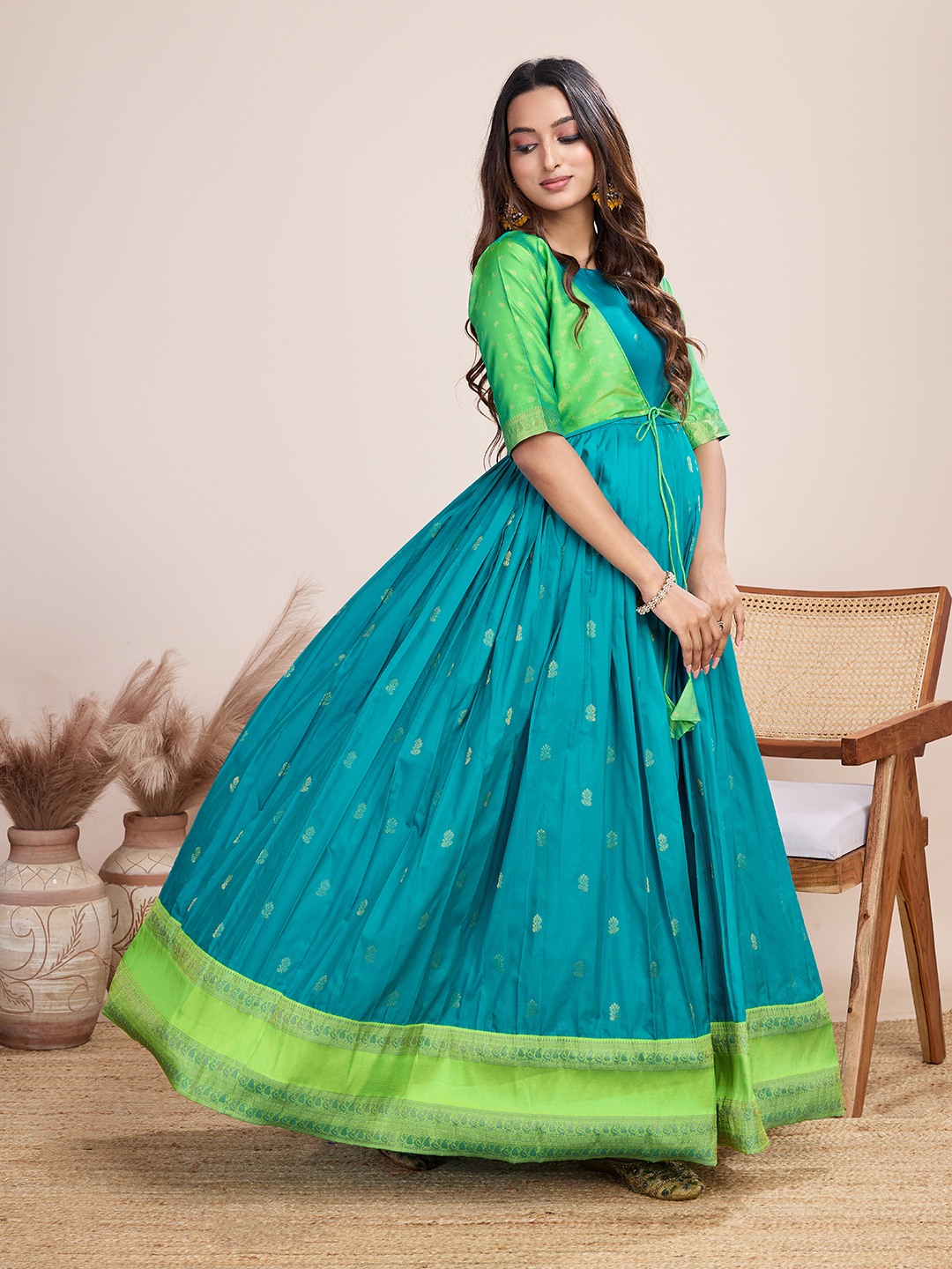 Tasarika Women Ethnic jacquard Rama Round Neck Half Sleeve Full Length ethnic dress 2035_Rama