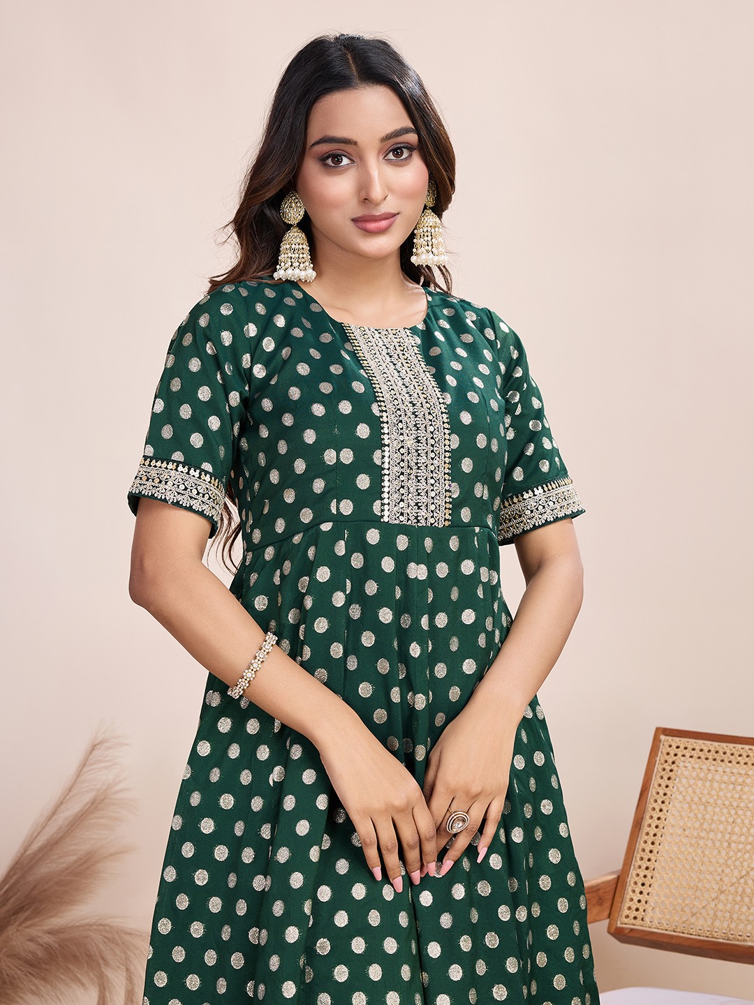 Tasarika Women Ethnic Viscose Green Round Neck Half Sleeve Full Length ethnic dress 2037_Green