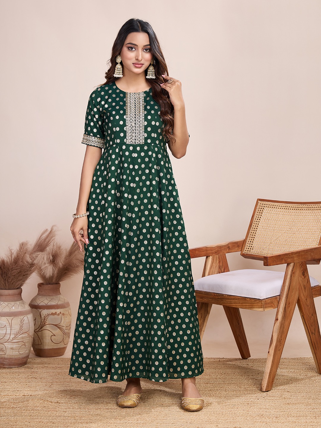 Tasarika Women Ethnic Viscose Green Round Neck Half Sleeve Full Length ethnic dress 2037_Green
