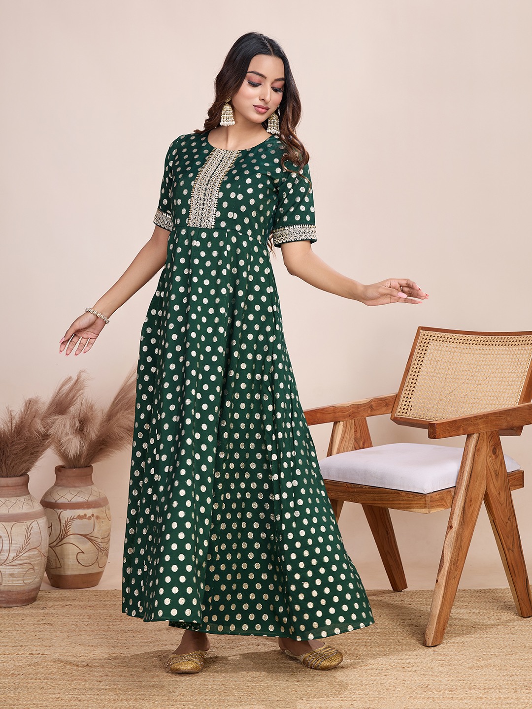 Tasarika Women Ethnic Viscose Green Round Neck Half Sleeve Full Length ethnic dress 2037_Green