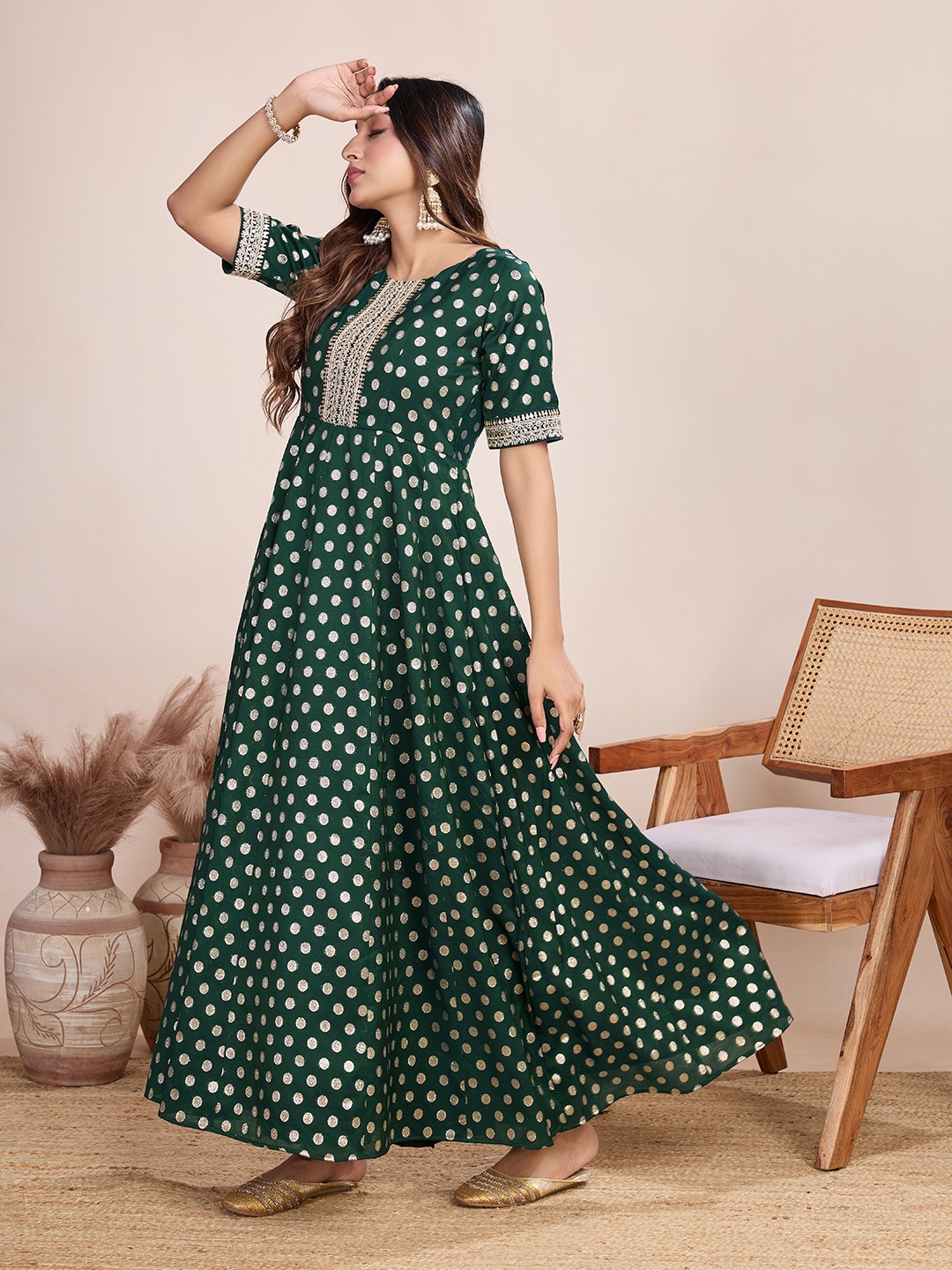 Tasarika Women Ethnic Viscose Green Round Neck Half Sleeve Full Length ethnic dress 2037_Green