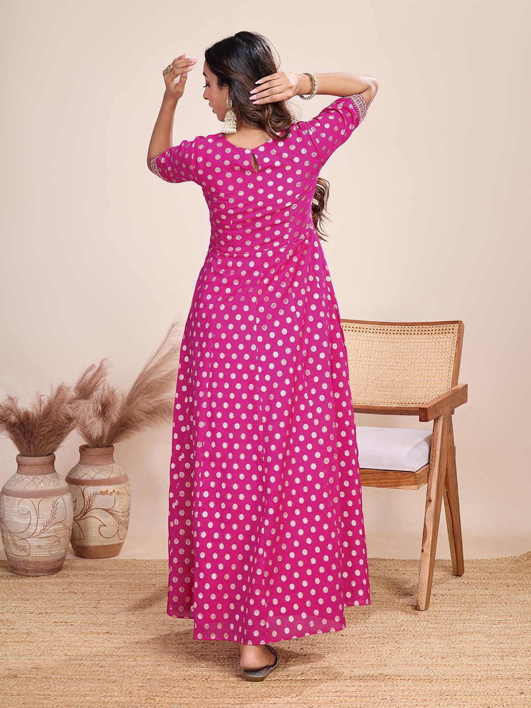 Tasarika Women Ethnic Viscose Pink Round Neck Half Sleeve Full Length ethnic dress 2038_Pink