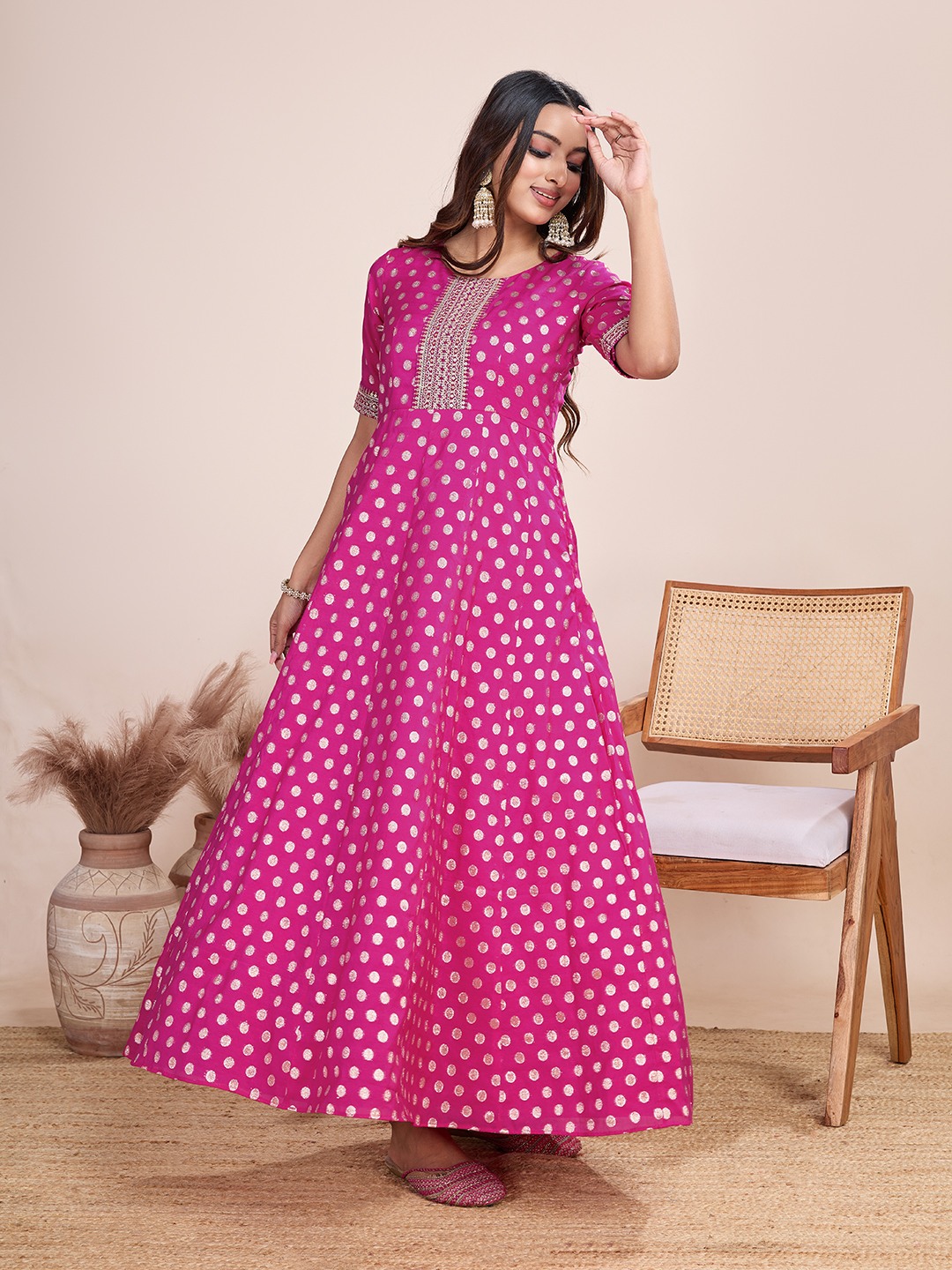 Tasarika Women Ethnic Viscose Pink Round Neck Half Sleeve Full Length ethnic dress 2038_Pink