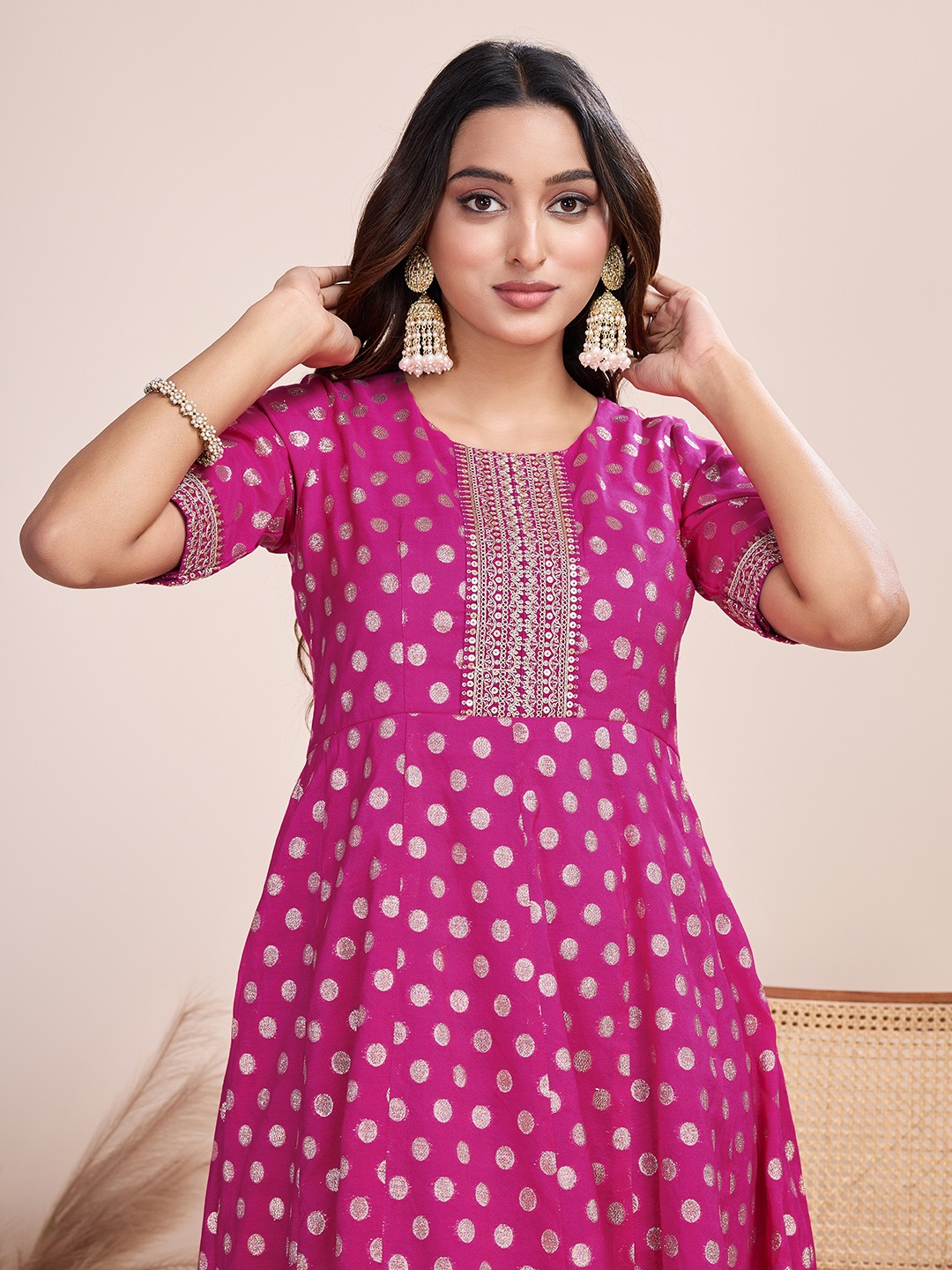 Tasarika Women Ethnic Viscose Pink Round Neck Half Sleeve Full Length ethnic dress 2038_Pink
