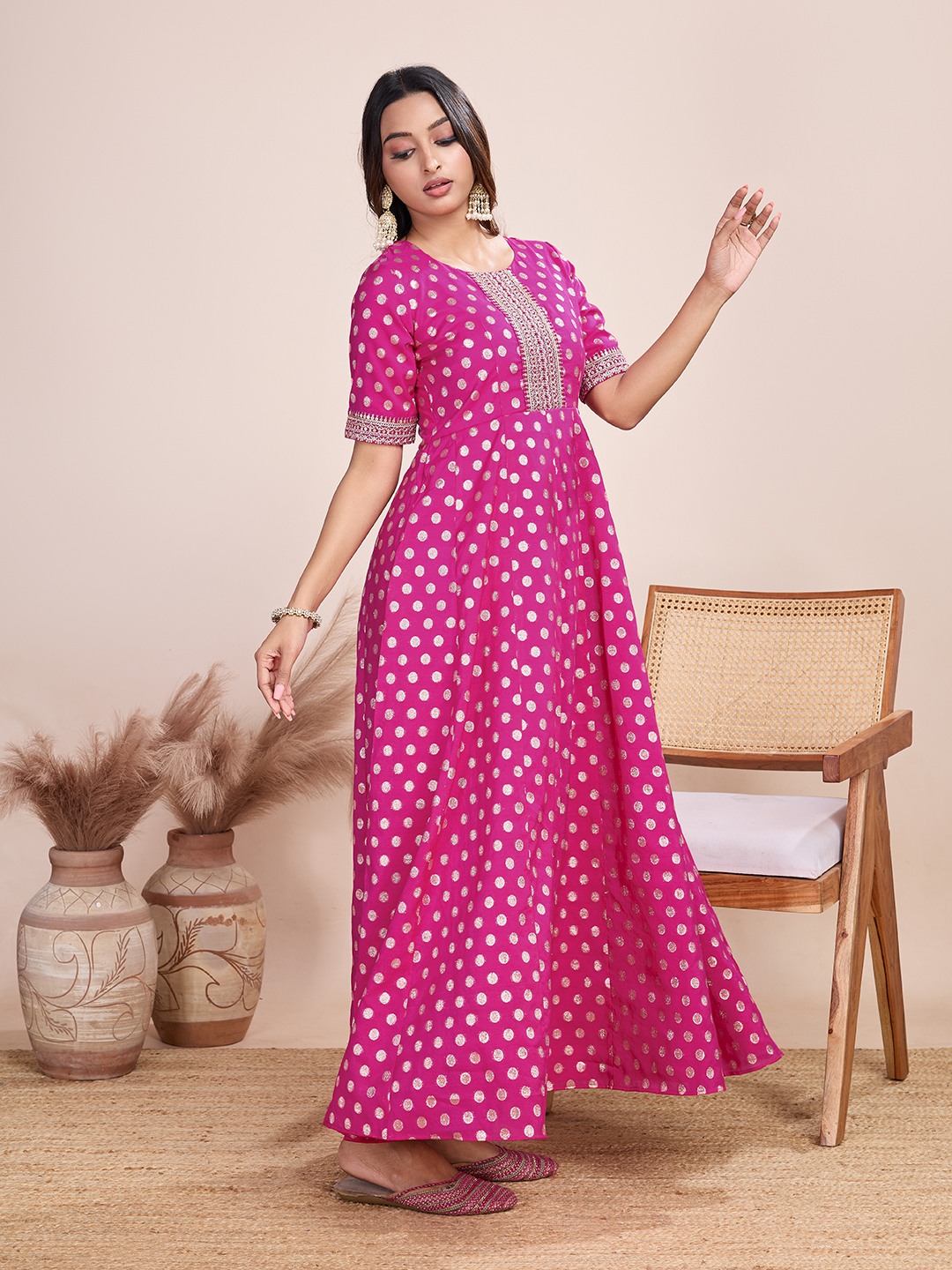 Tasarika Women Ethnic Viscose Pink Round Neck Half Sleeve Full Length ethnic dress 2038_Pink