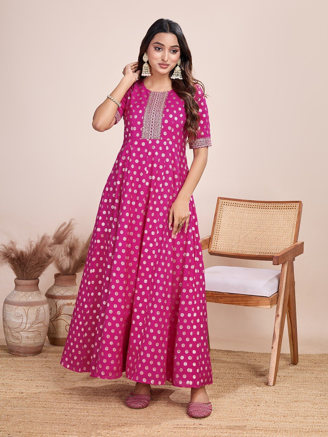 Tasarika Women Ethnic Viscose Pink Round Neck Half Sleeve Full Length ethnic dress 2038_Pink