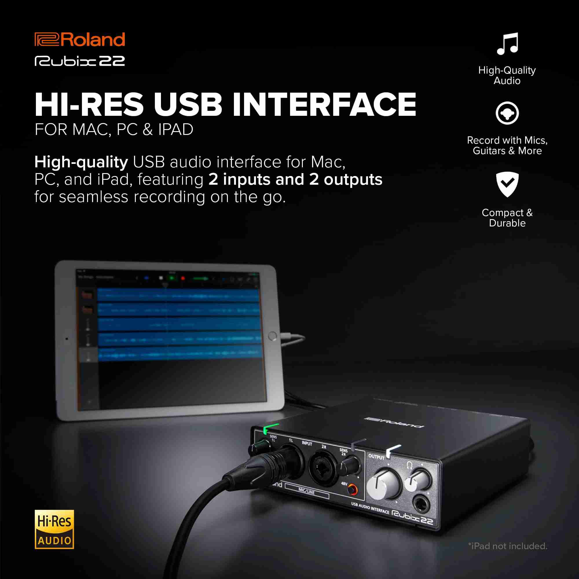 واجهة صوتية Roland Rubix22 بمدخلين ومخرجين USB لأجهزة Mac وPC وiPad 2