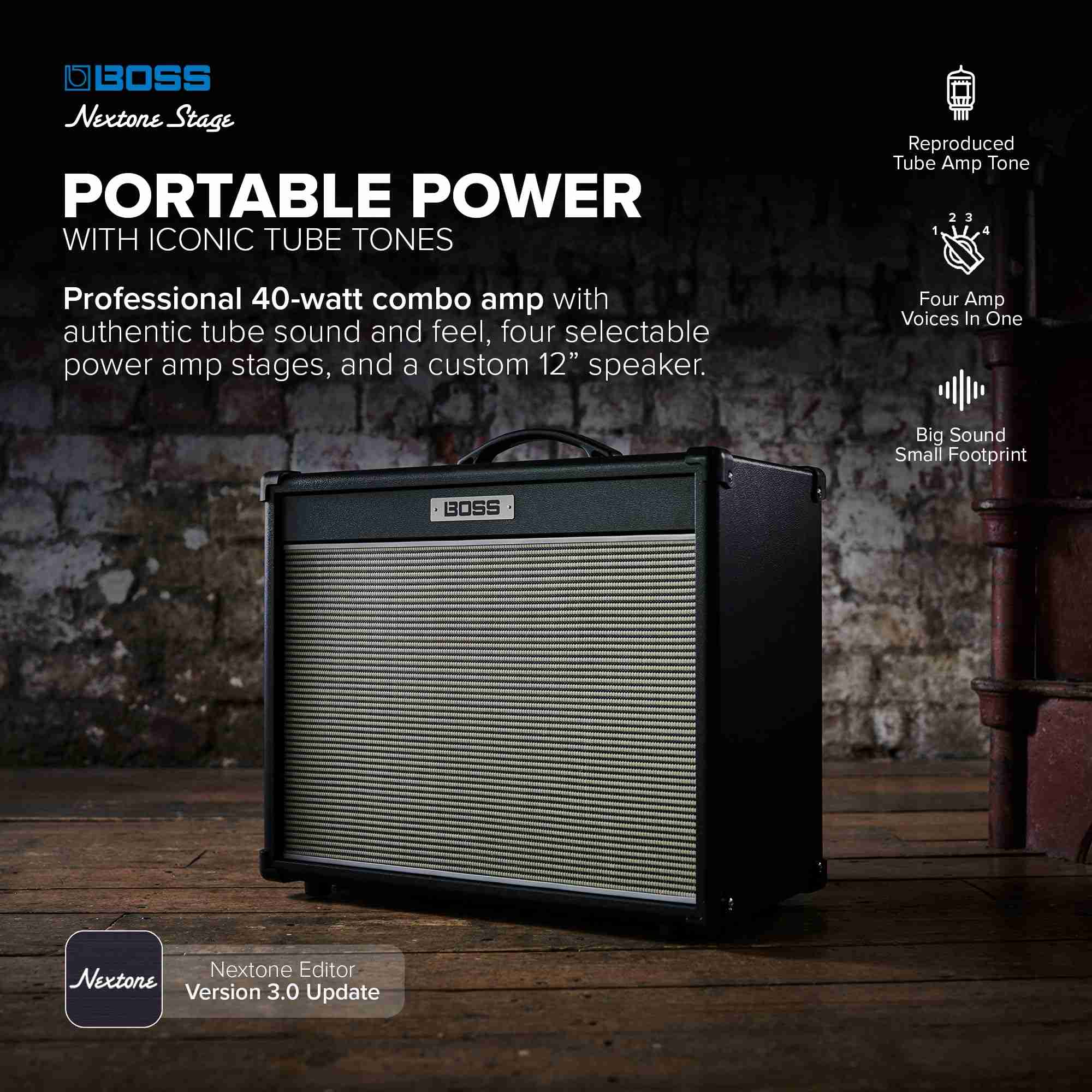 BOSS Nextone Stage 40W 1x12 Tube Logic Guitar Combo Amplifier 2
