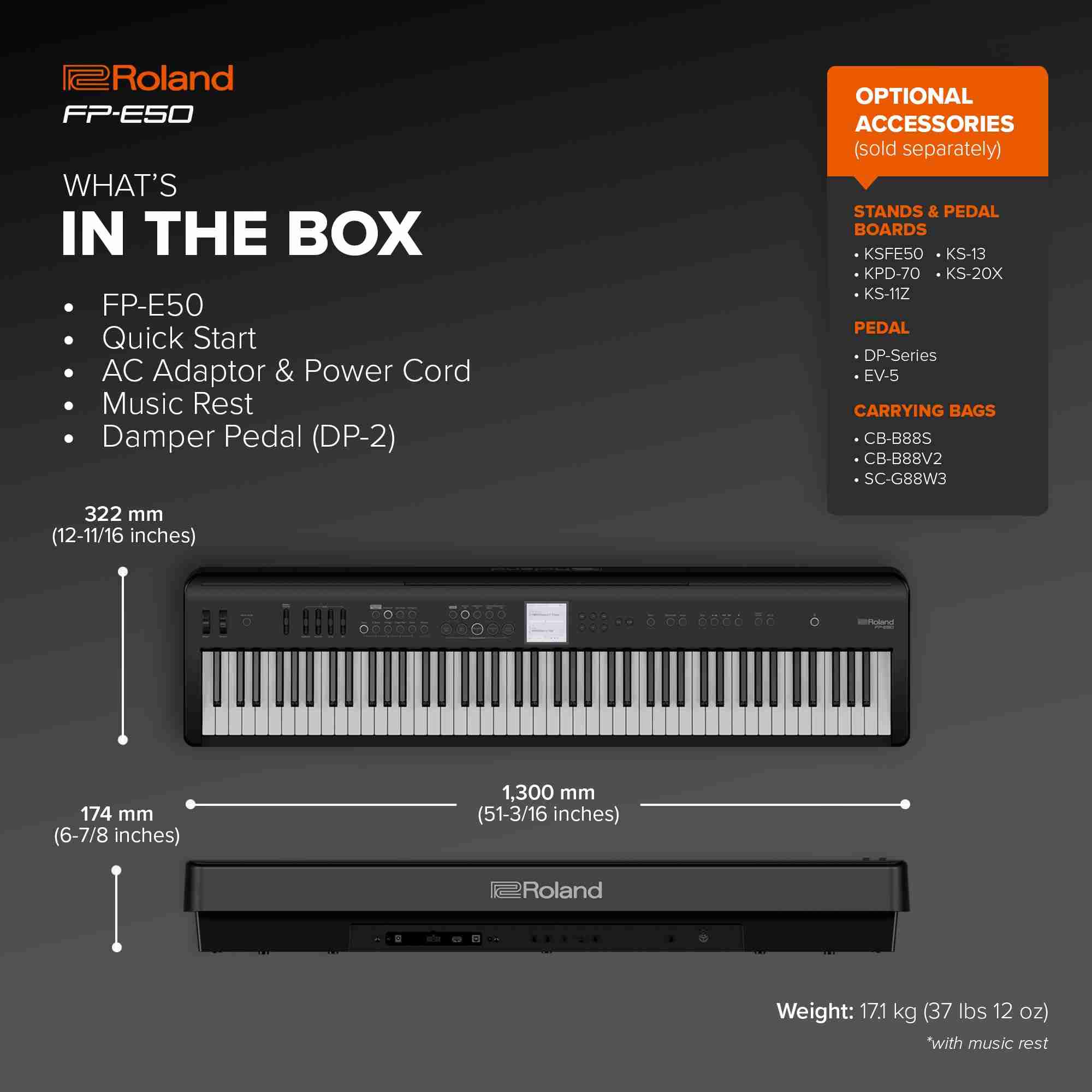 بيانو رقمي محمول Roland FP-E50 بـ 88 مفتاحًا موزونًا بحركة المطرقة، أسود 6