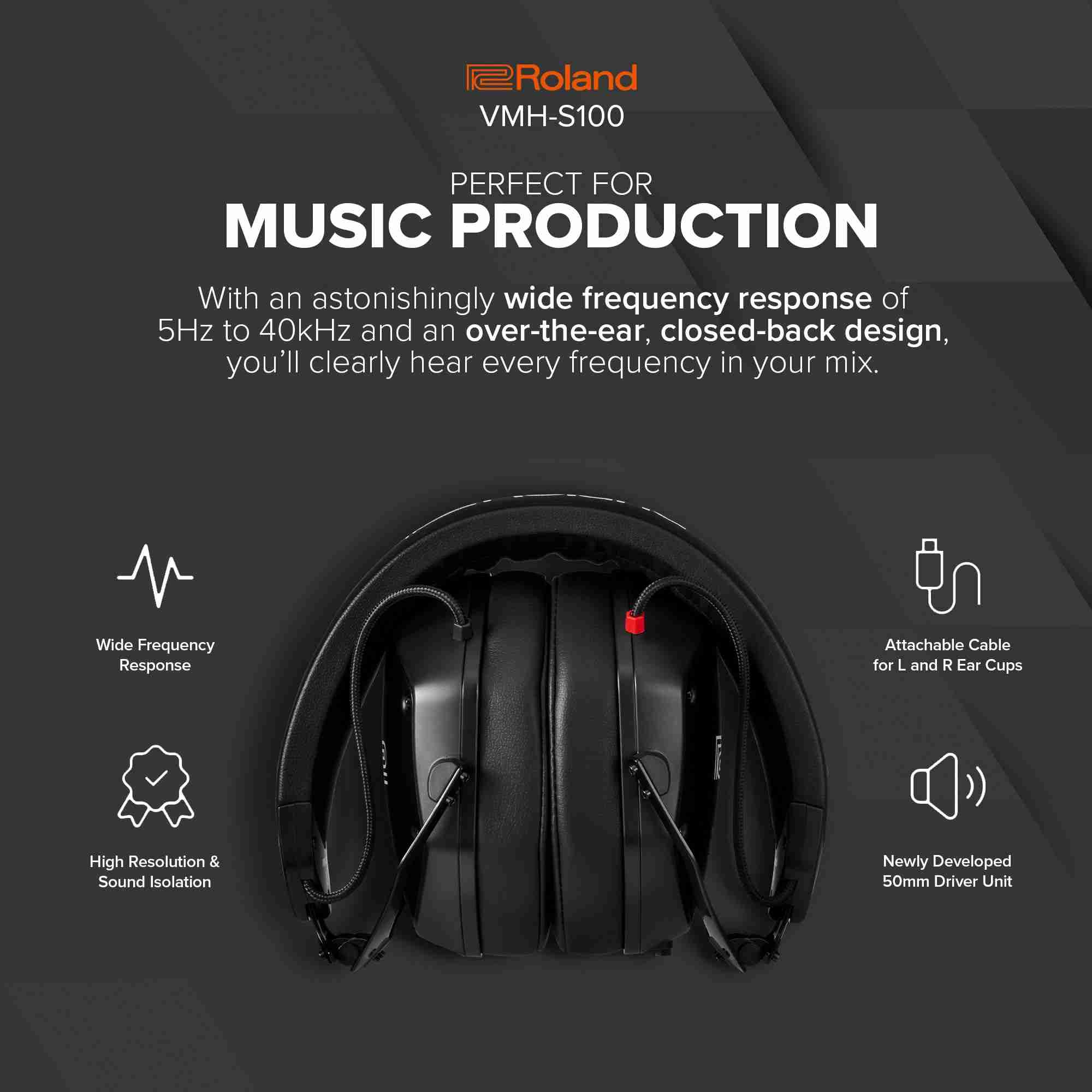 سماعات رأس مراقبة استوديو محيطة بالأذن Roland VMH-S100 لإنتاج الموسيقى والمكساج 6