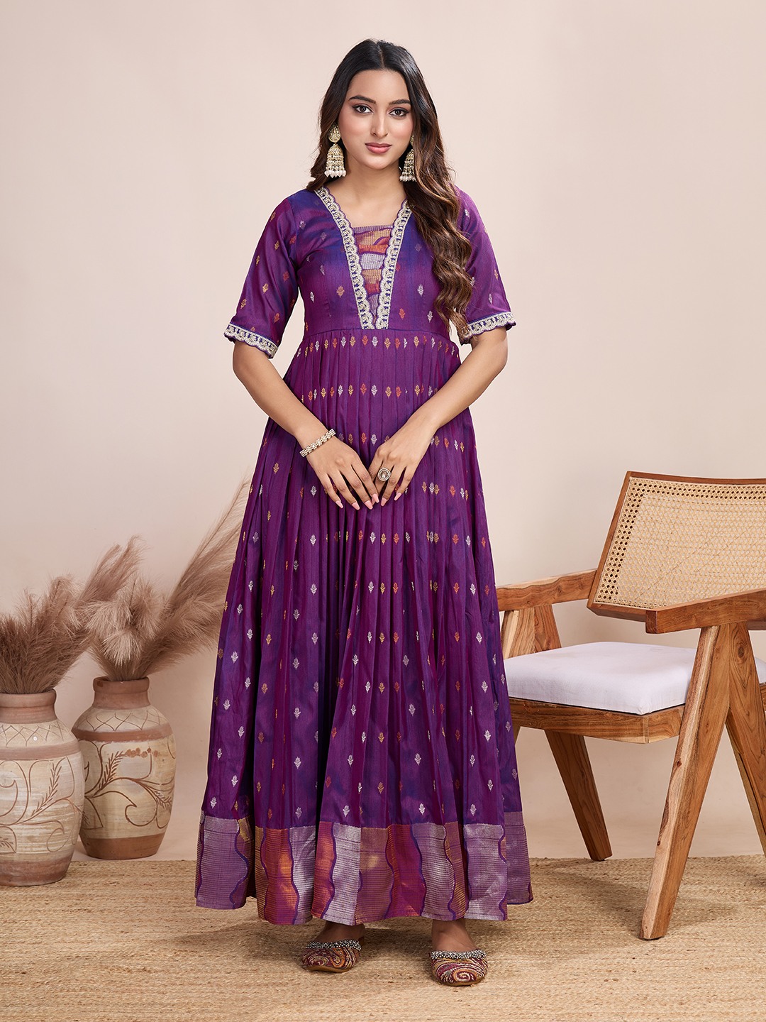 Tasarika Women Ethnic Weaving Wine V-Neck Half Sleeve Full Length ethnic dress 2040_Wine