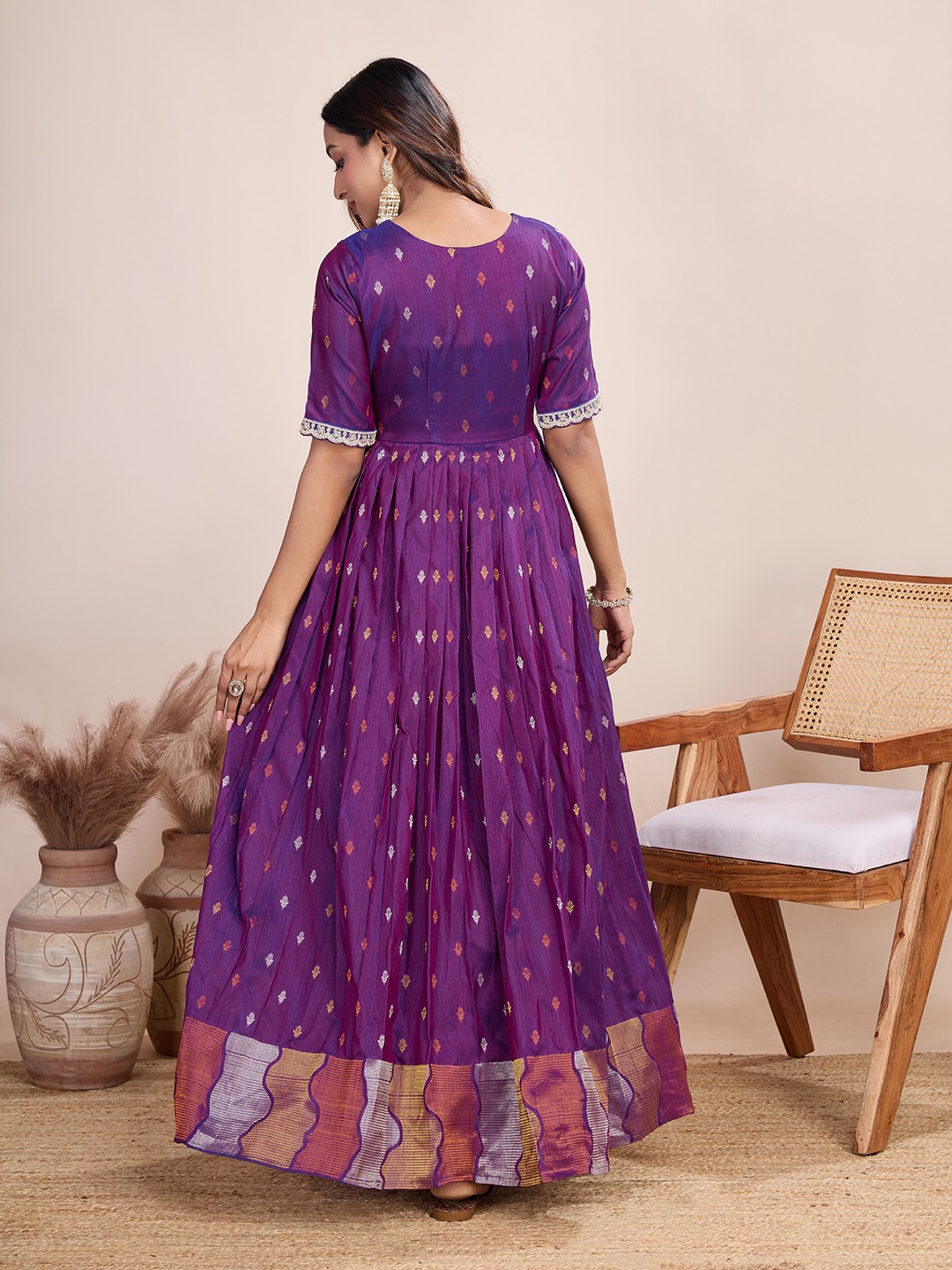 Tasarika Women Ethnic Weaving Wine V-Neck Half Sleeve Full Length ethnic dress 2040_Wine