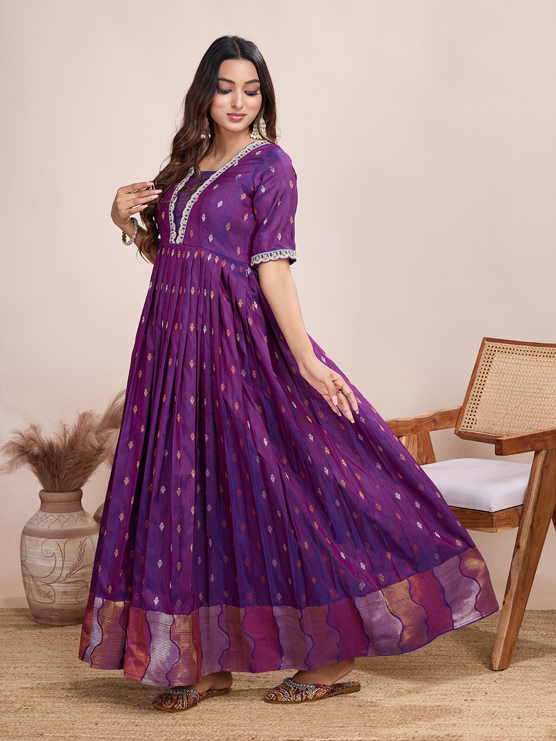 Tasarika Women Ethnic Weaving Wine V-Neck Half Sleeve Full Length ethnic dress 2040_Wine