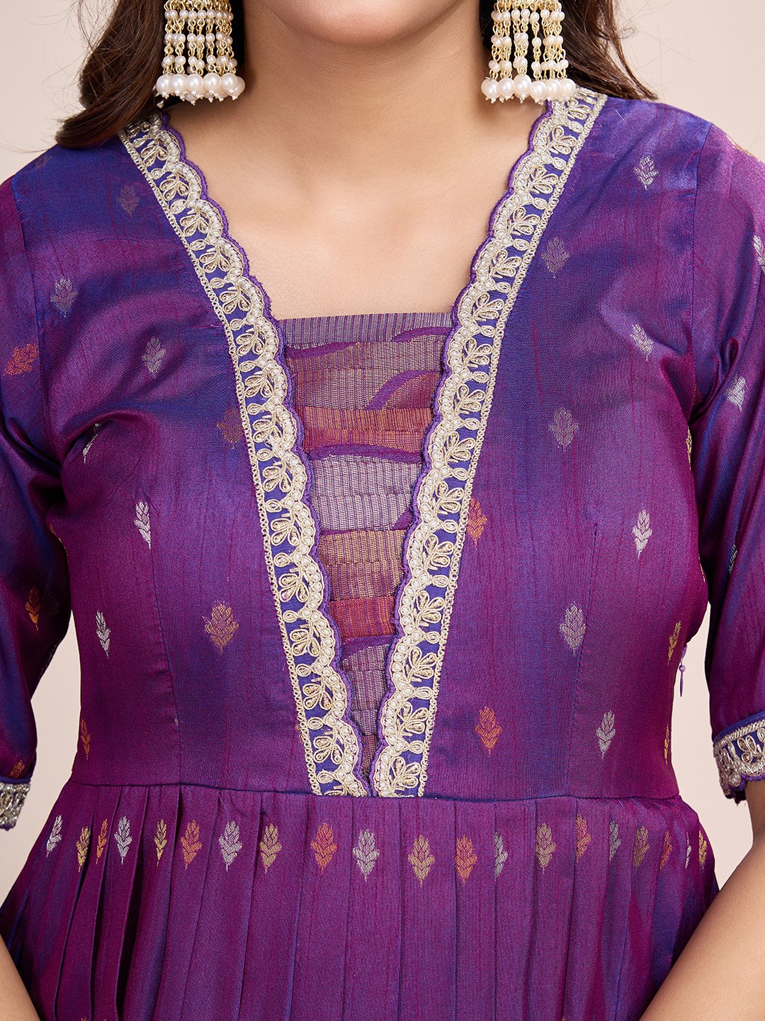 Tasarika Women Ethnic Weaving Wine V-Neck Half Sleeve Full Length ethnic dress 2040_Wine