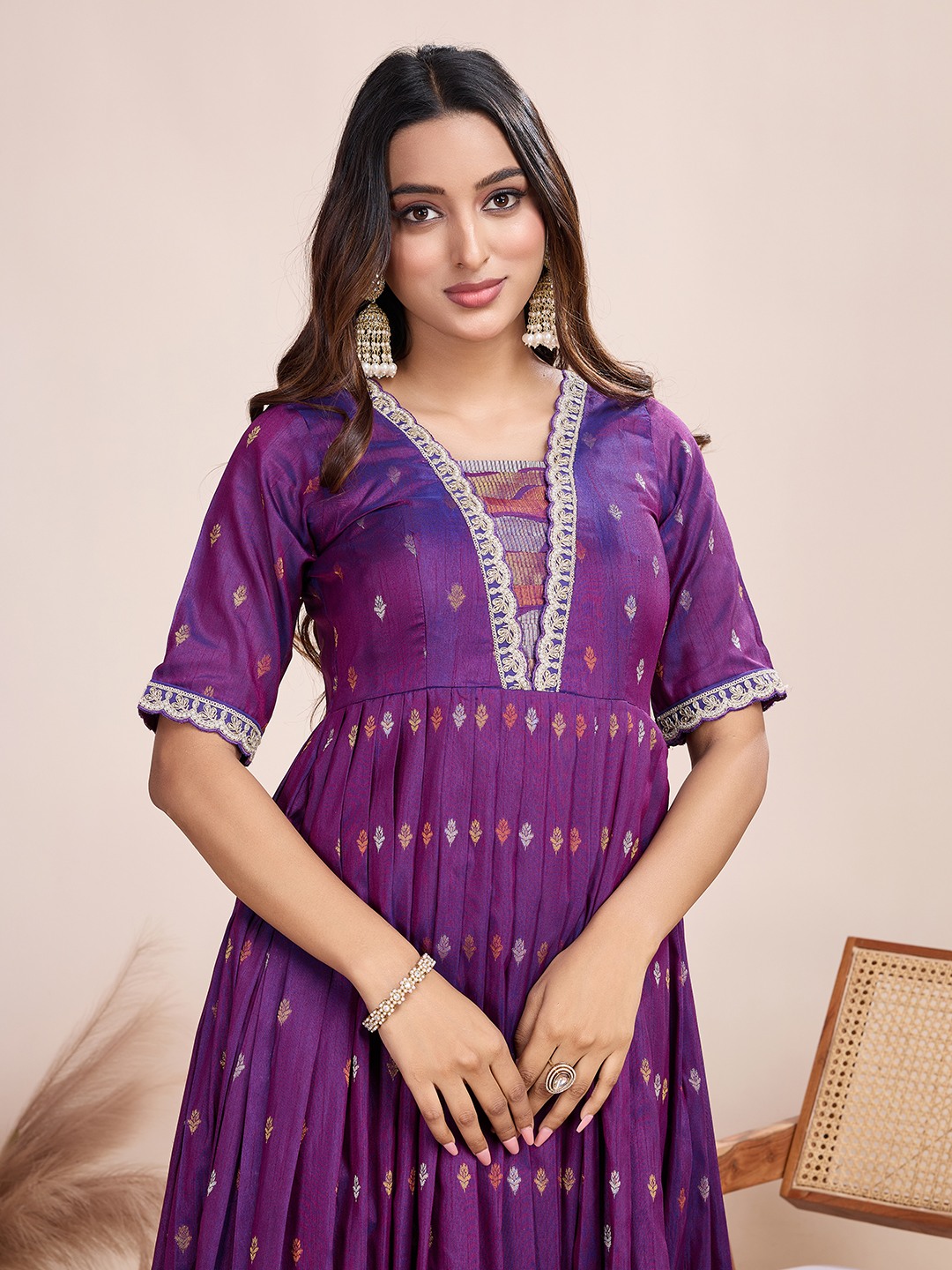 Tasarika Women Ethnic Weaving Wine V-Neck Half Sleeve Full Length ethnic dress 2040_Wine