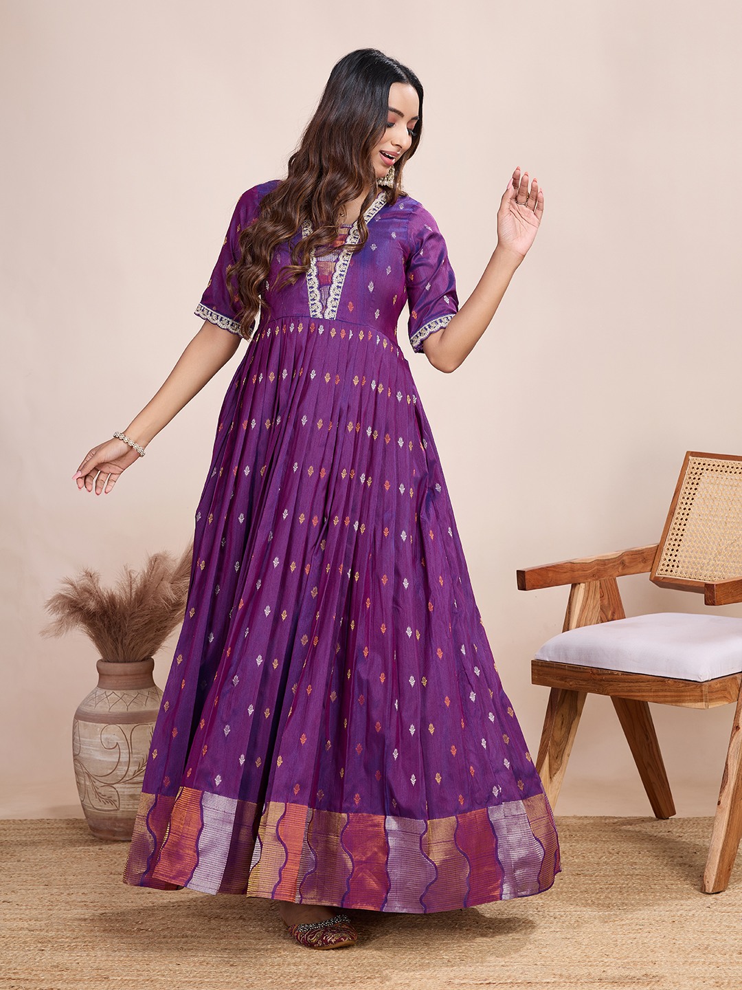 Tasarika Women Ethnic Weaving Wine V-Neck Half Sleeve Full Length ethnic dress 2040_Wine