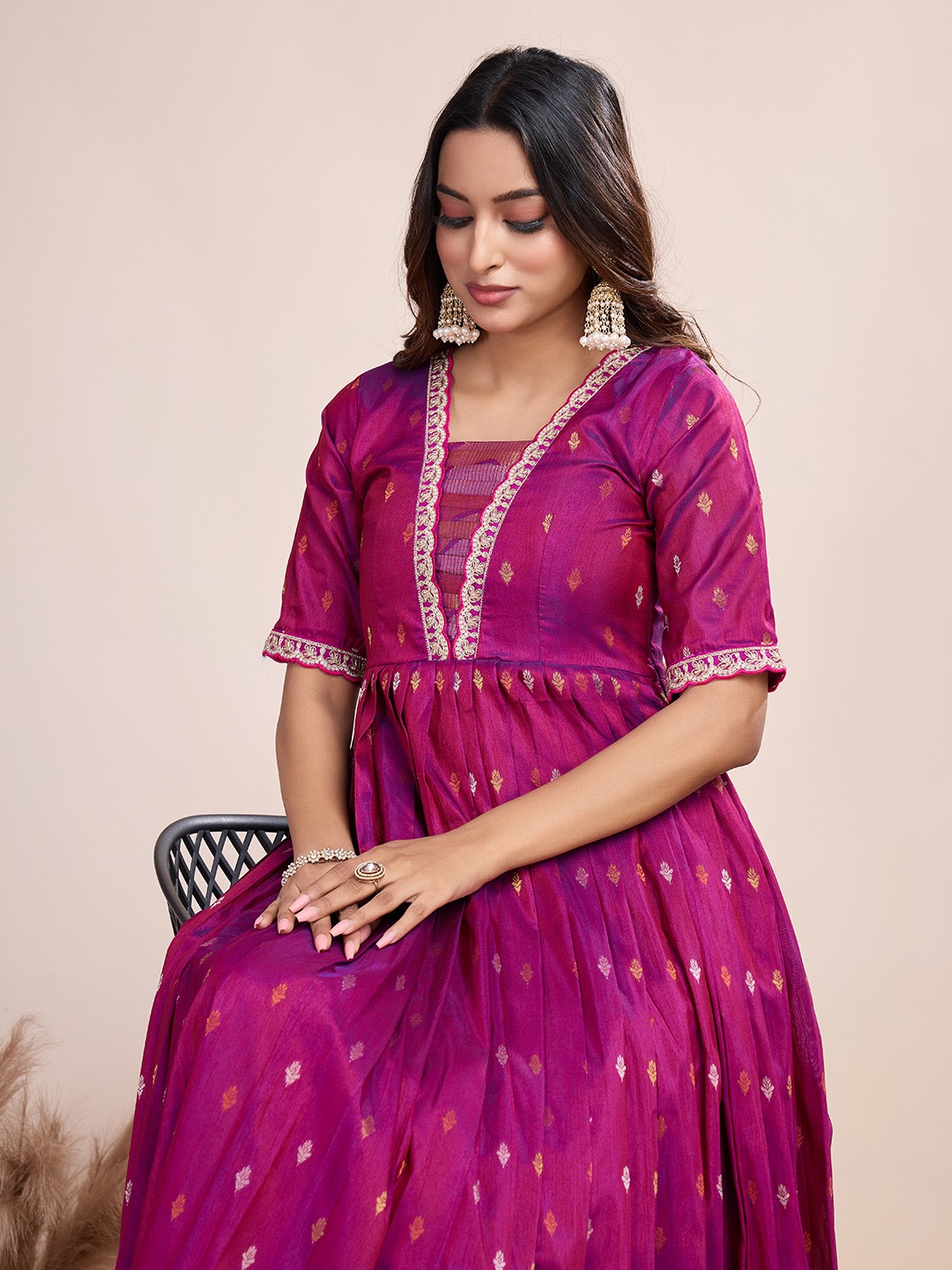 Tasarika Women Ethnic Weaving Pink V-Neck Half Sleeve Full Length ethnic dress 2041_Pink