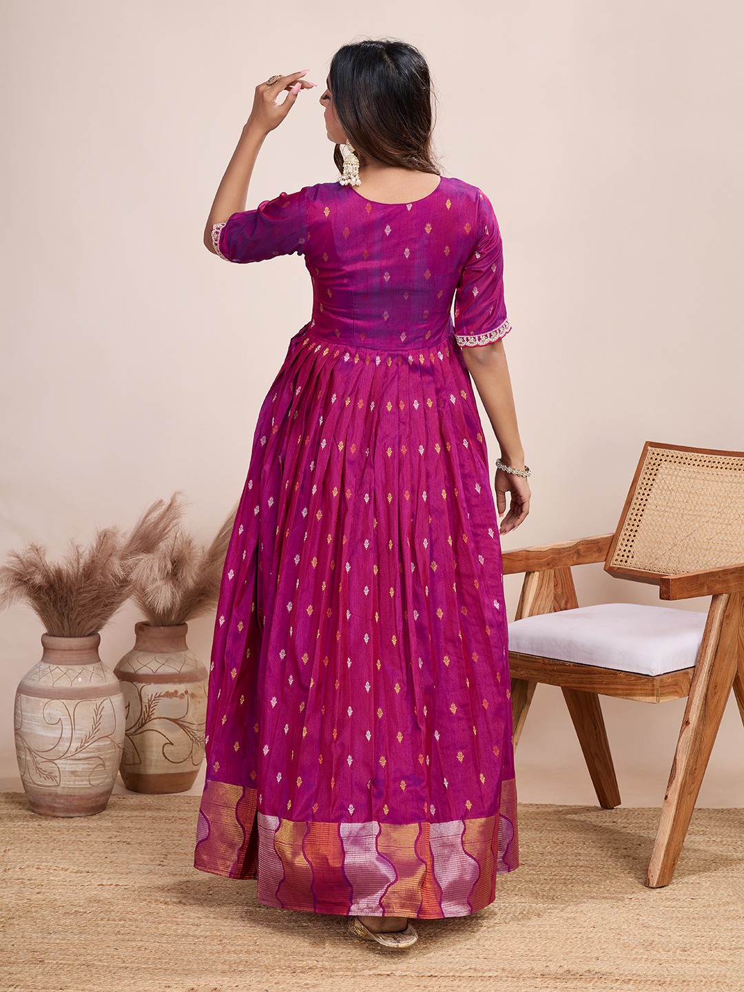 Tasarika Women Ethnic Weaving Pink V-Neck Half Sleeve Full Length ethnic dress 2041_Pink