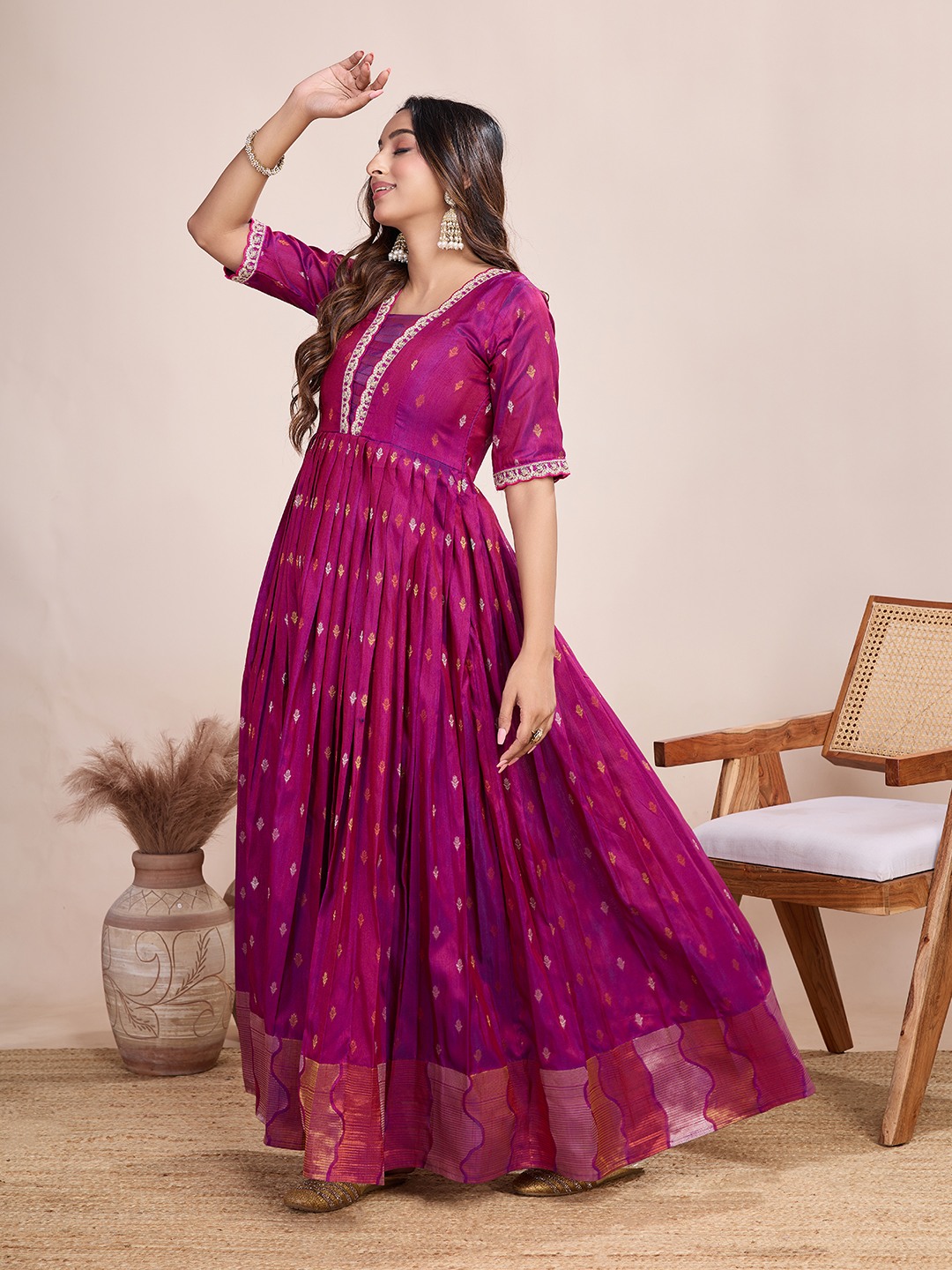 Tasarika Women Ethnic Weaving Pink V-Neck Half Sleeve Full Length ethnic dress 2041_Pink