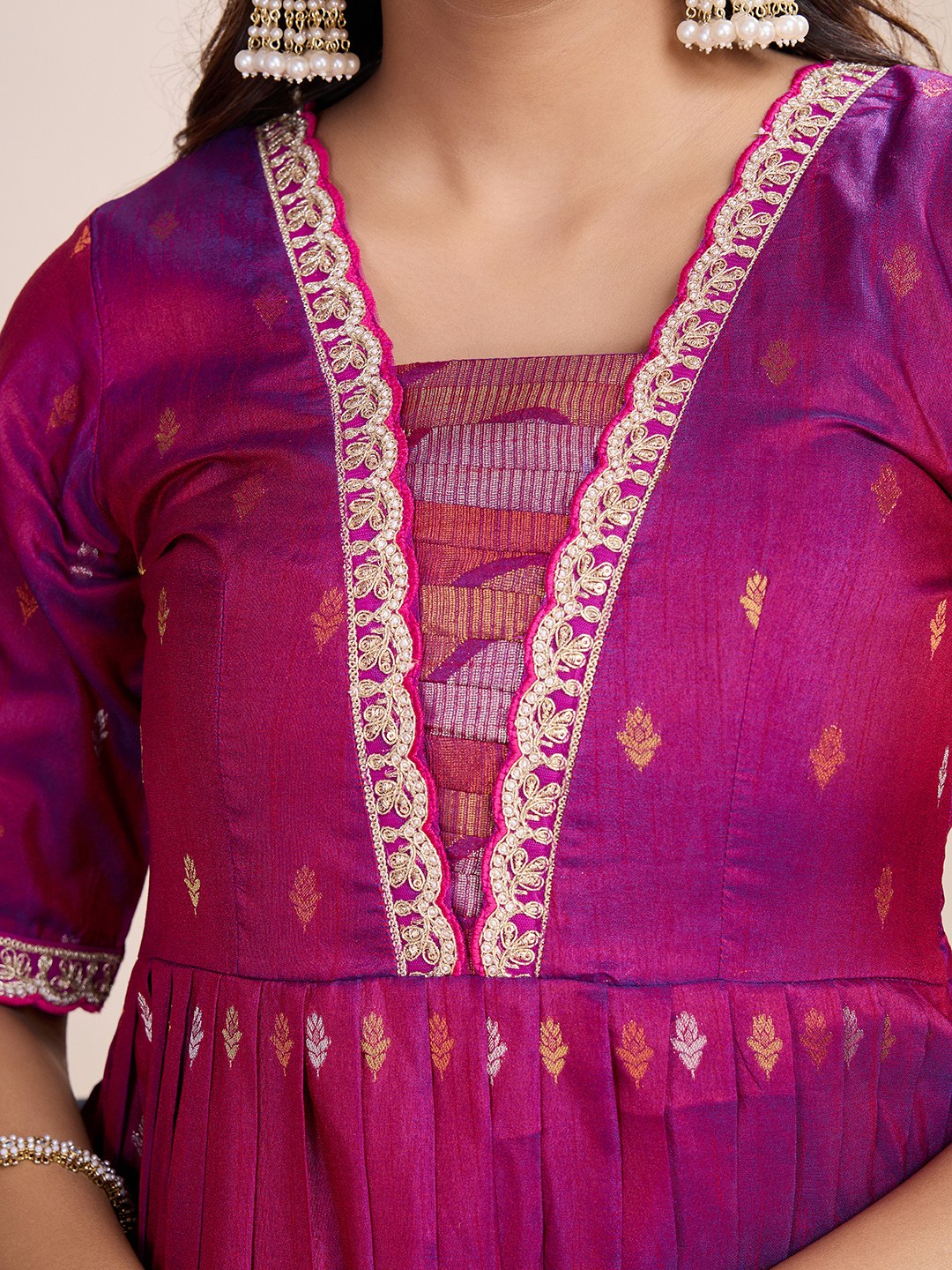 Tasarika Women Ethnic Weaving Pink V-Neck Half Sleeve Full Length ethnic dress 2041_Pink