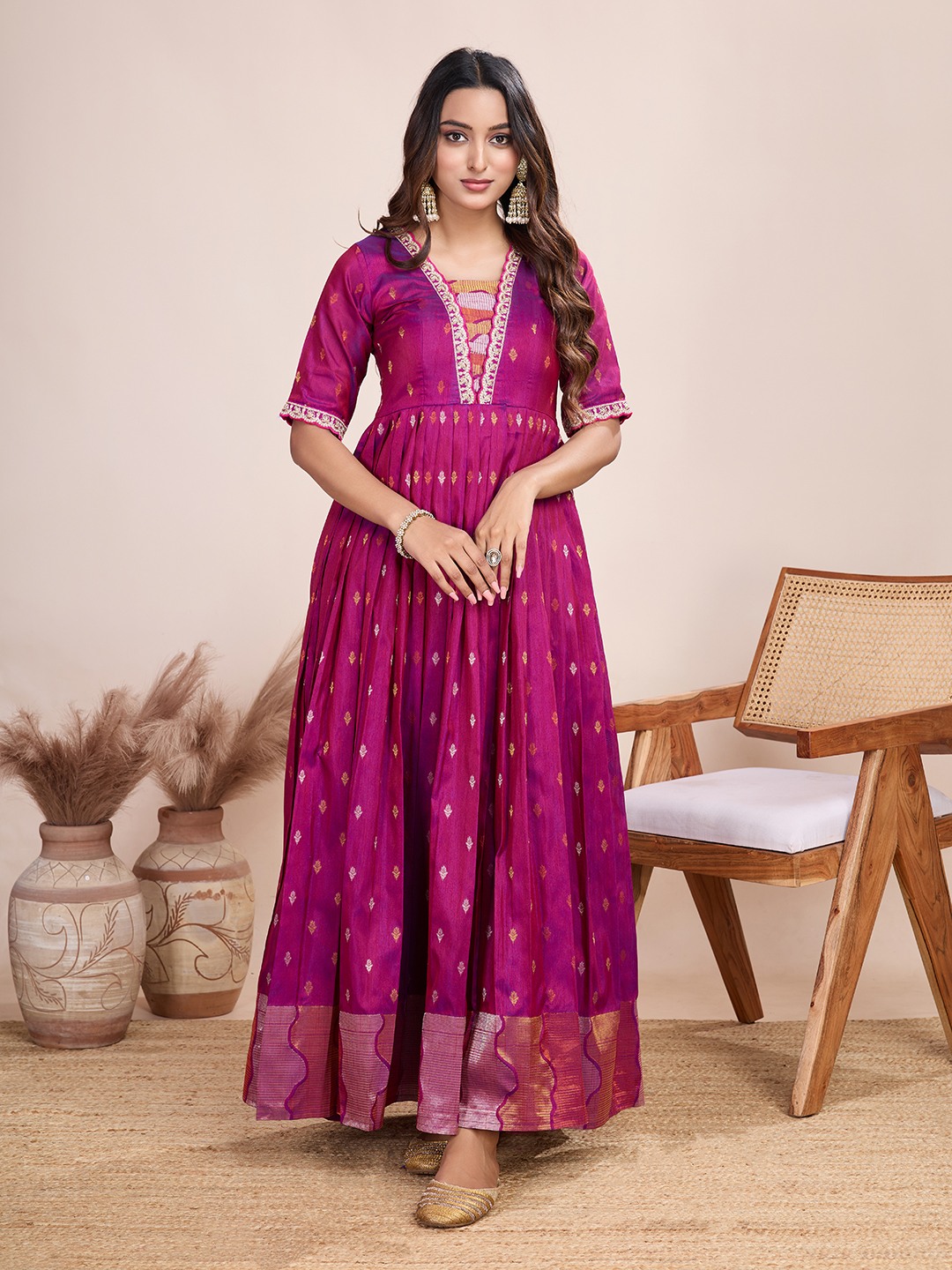 Tasarika Women Ethnic Weaving Pink V-Neck Half Sleeve Full Length ethnic dress 2041_Pink