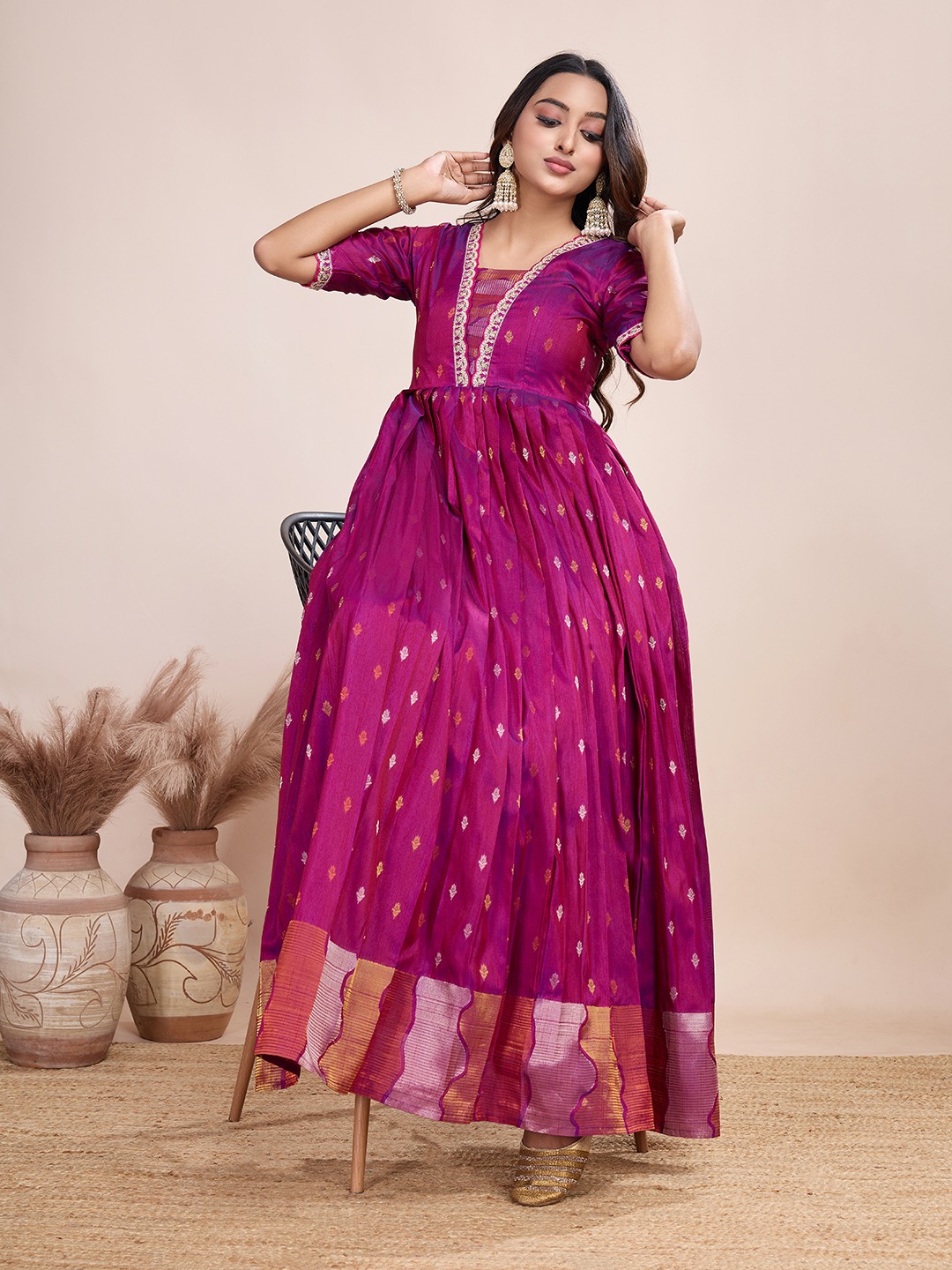 Tasarika Women Ethnic Weaving Pink V-Neck Half Sleeve Full Length ethnic dress 2041_Pink