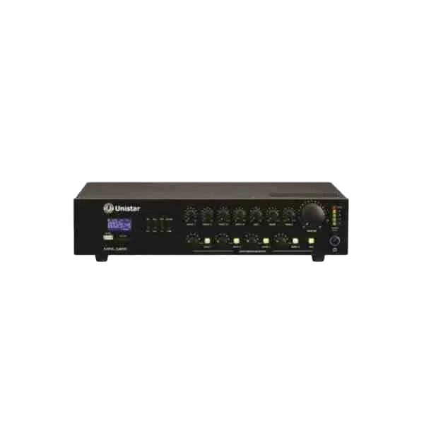 مضخم Unistar MPA-240S تجاري لأنظمة النداء العام بقدرة 240 واط و4 مناطق مع مشغل MP3 1