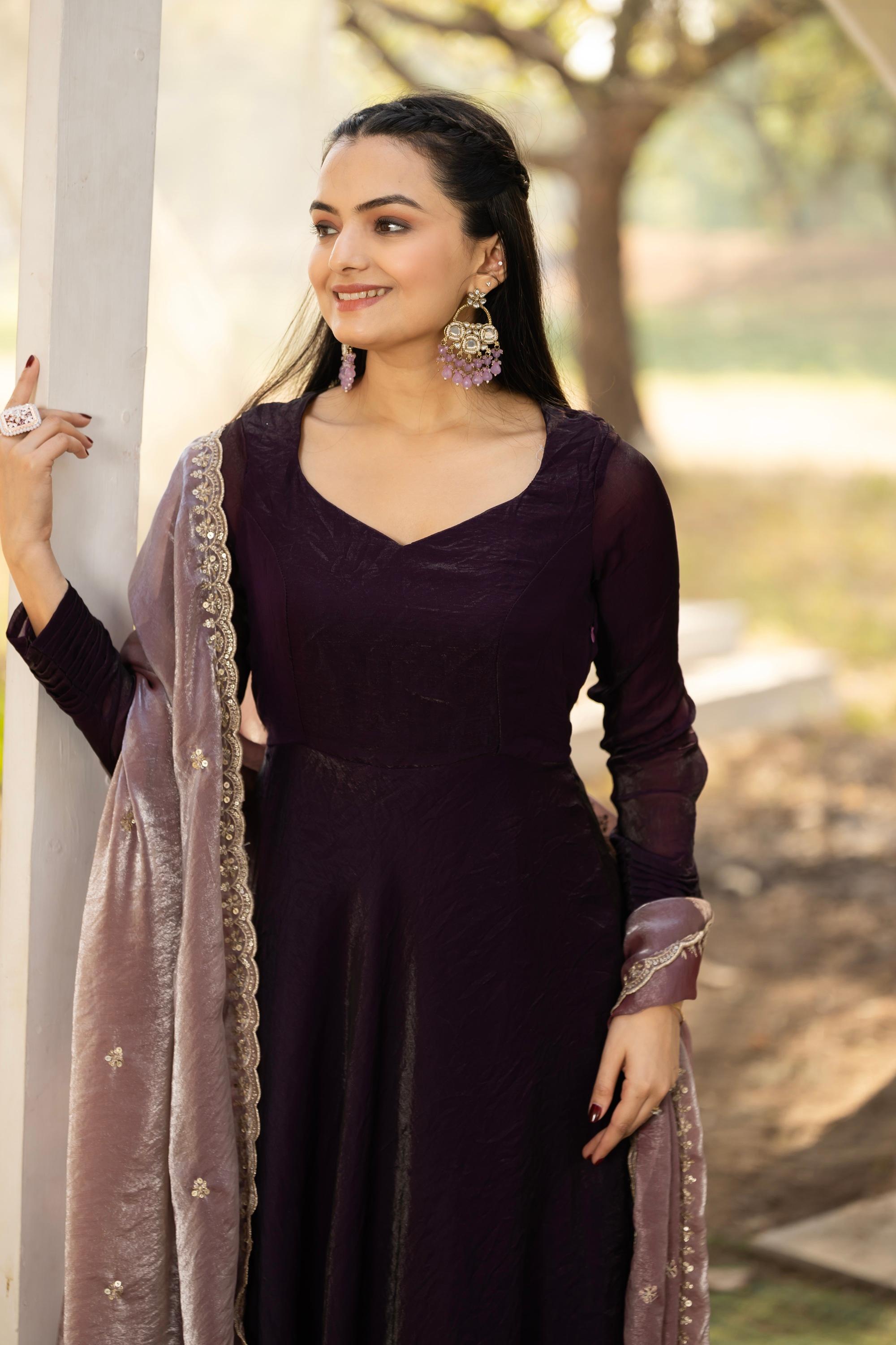 Tasarika Women Wine Full Sleeve Georgette Ankle Ethnic Dress 2078_Wine_3XL