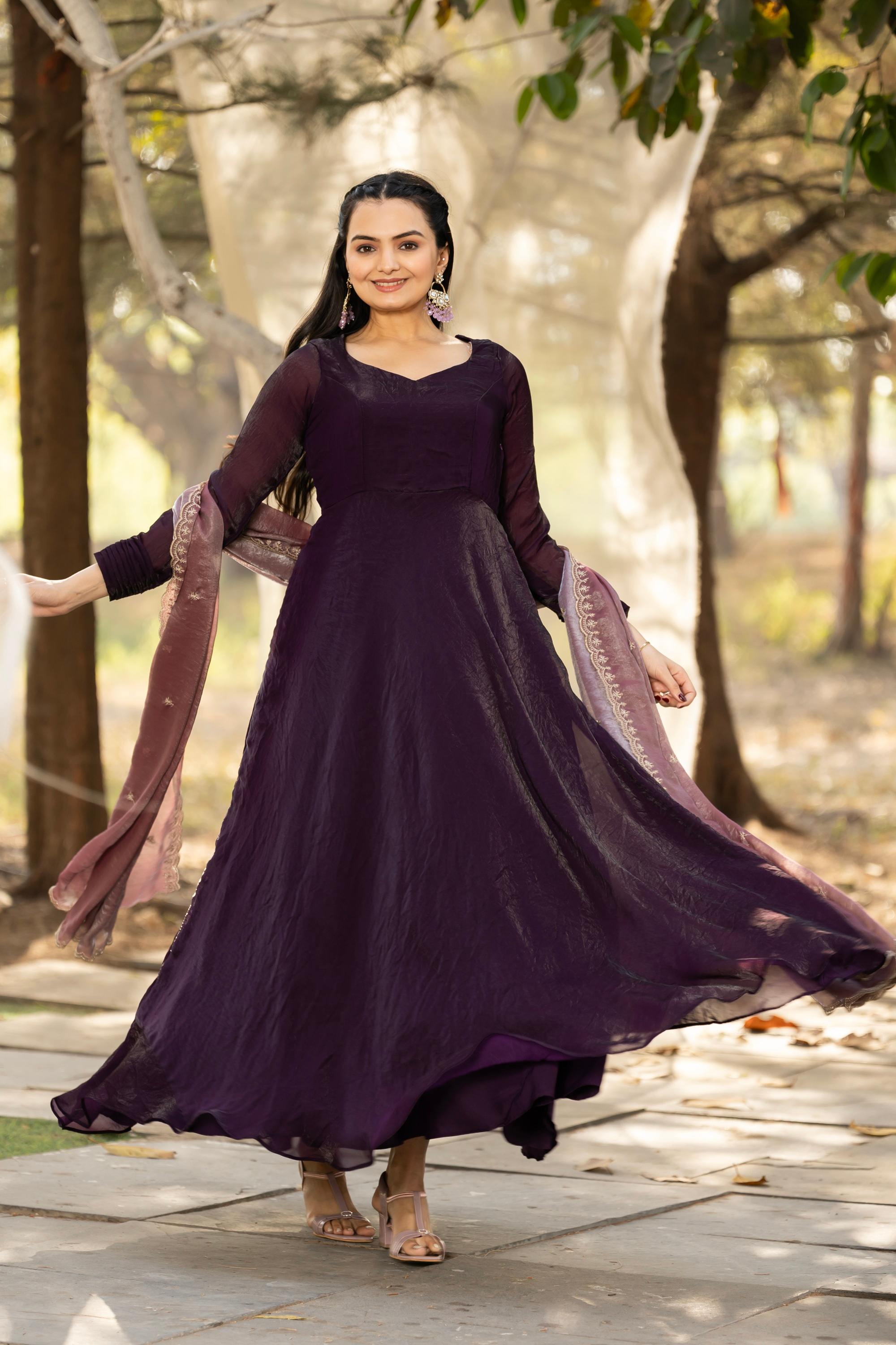 Tasarika Women Wine Full Sleeve Georgette Ankle Ethnic Dress 2078_Wine_3XL